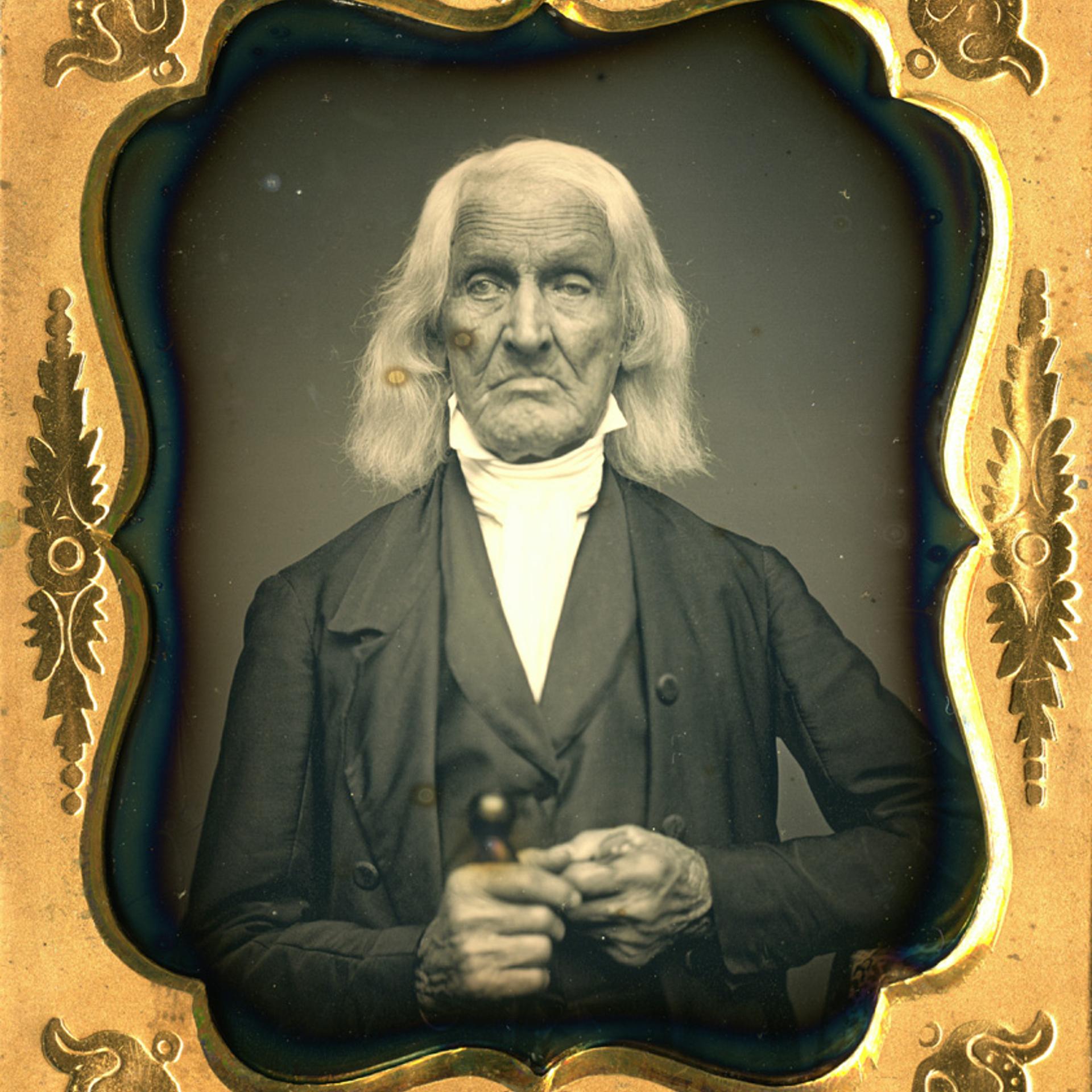 <b>Jonathan Smith, daguerreotype.</b>
<br><br>
Jonathan Smith fought in the Battle of Long Island on August 29, 1778. His unit was the first brigade that went out on Long Island, and was discharged in December after a violent snow storm. After the war he became a Baptist minister. He was married three times and had eleven children. The first two wives died and for some reason he left his third wife in Rhode Island to live with two of the children in Massachusetts. On October 20, 1854, he had a daguerreotype taken to give to a granddaughter. He died on January 3, 1855.