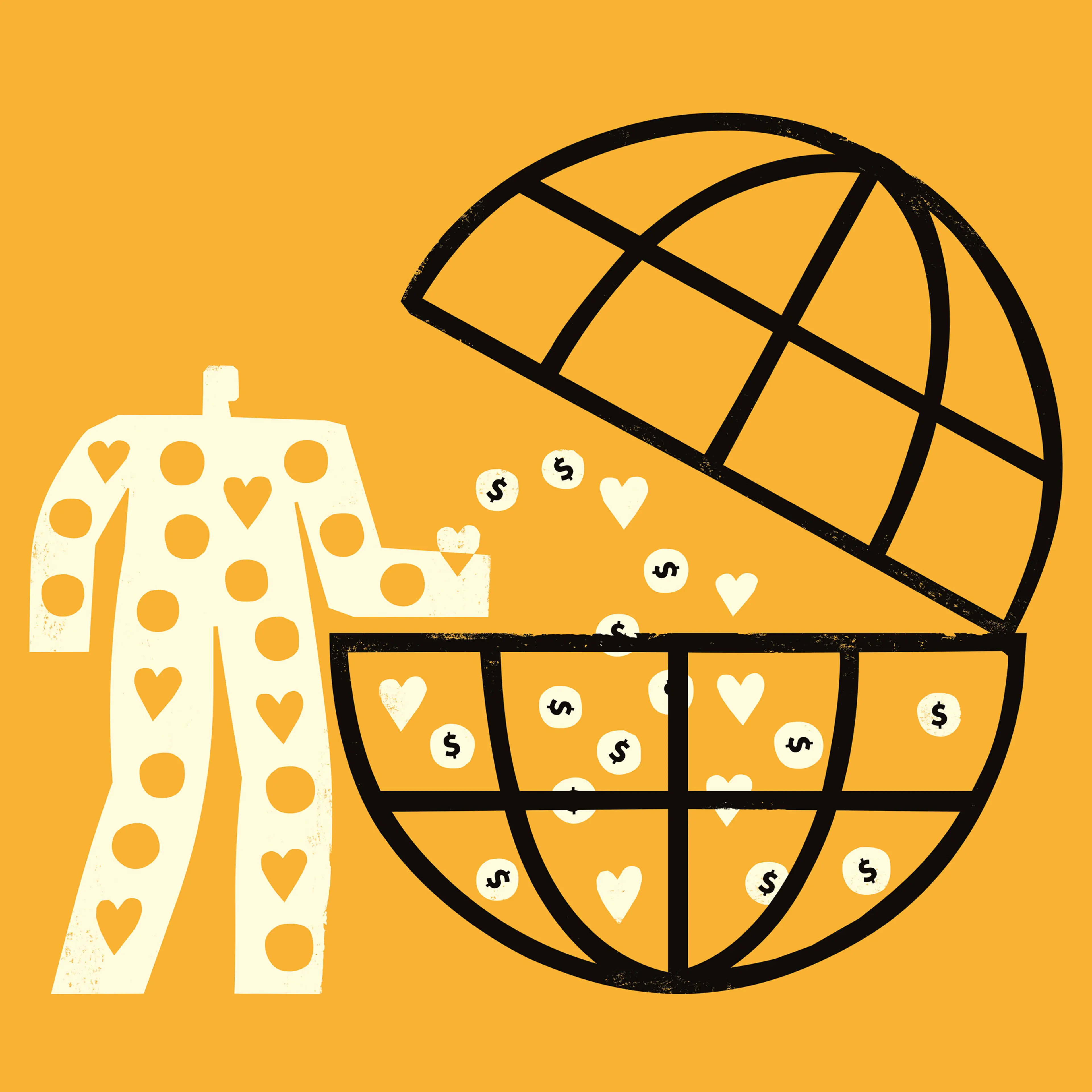Illustration of figure next to globe with dollar signs