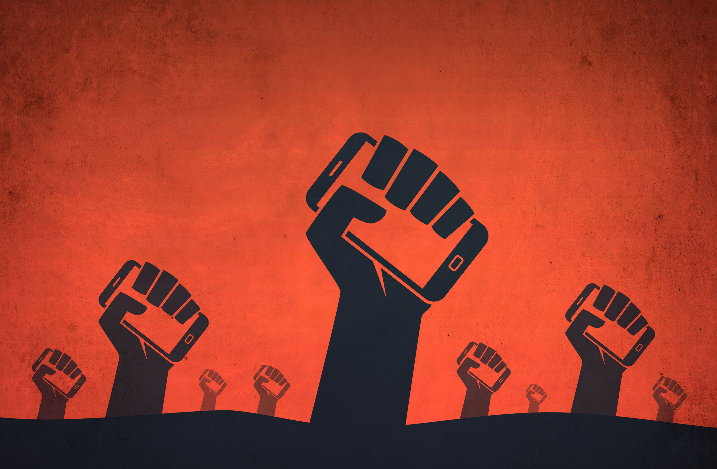 Illustration of hands holding phones digital revolution protests