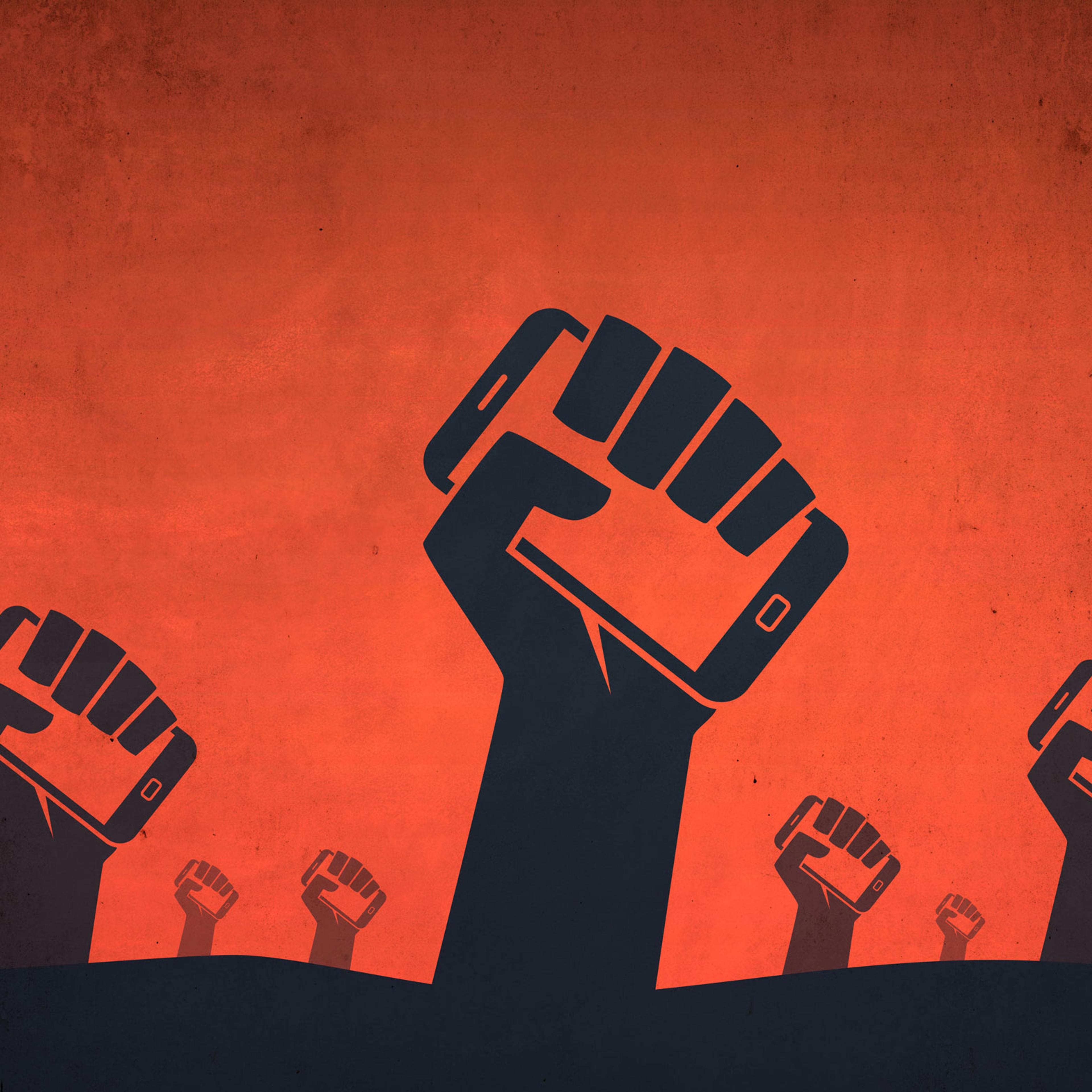 Illustration of hands holding phones digital revolution protests