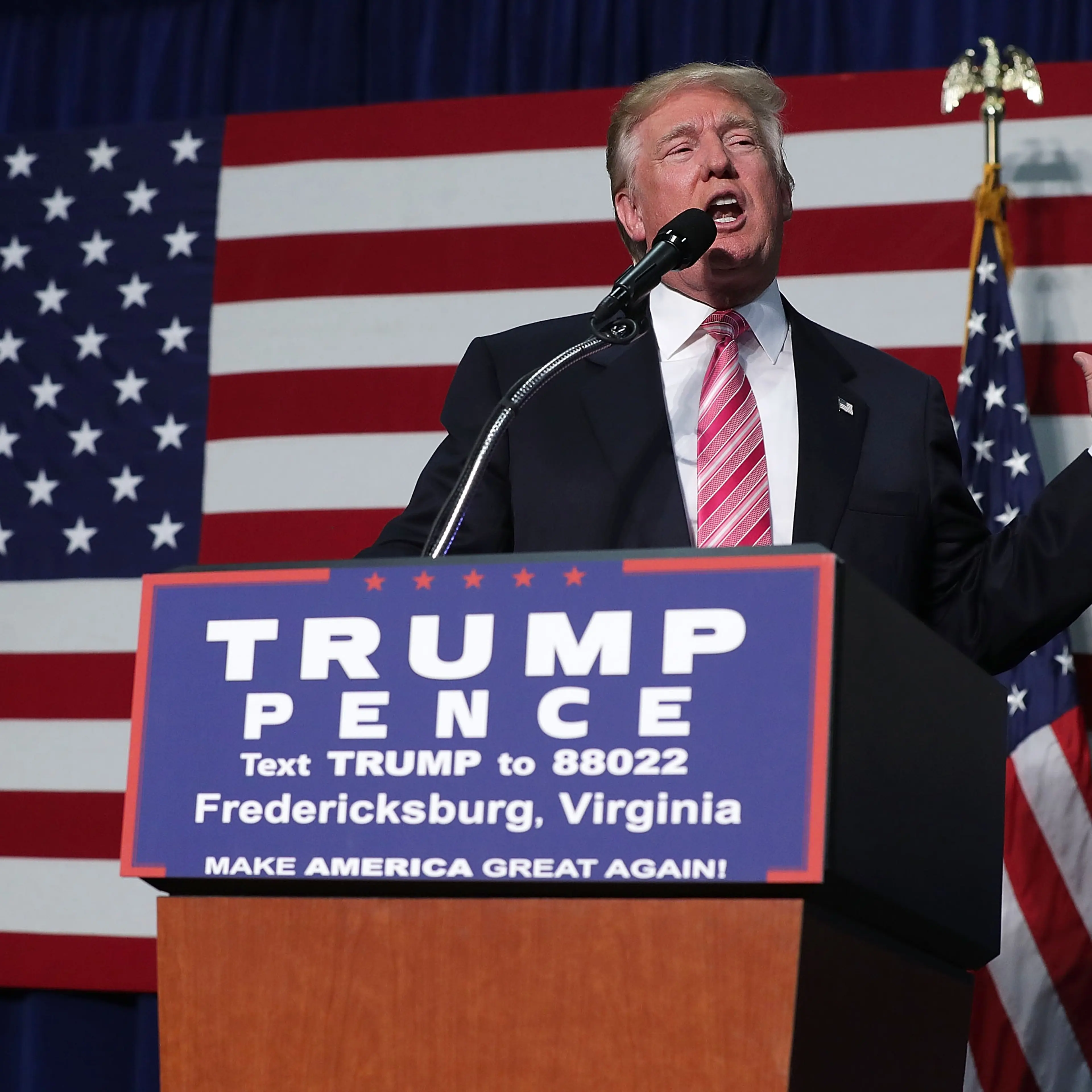 Donald Trump speaks to voters during a campaign rally, on Aug. 20, 2016 in Fredericksburg, Va.