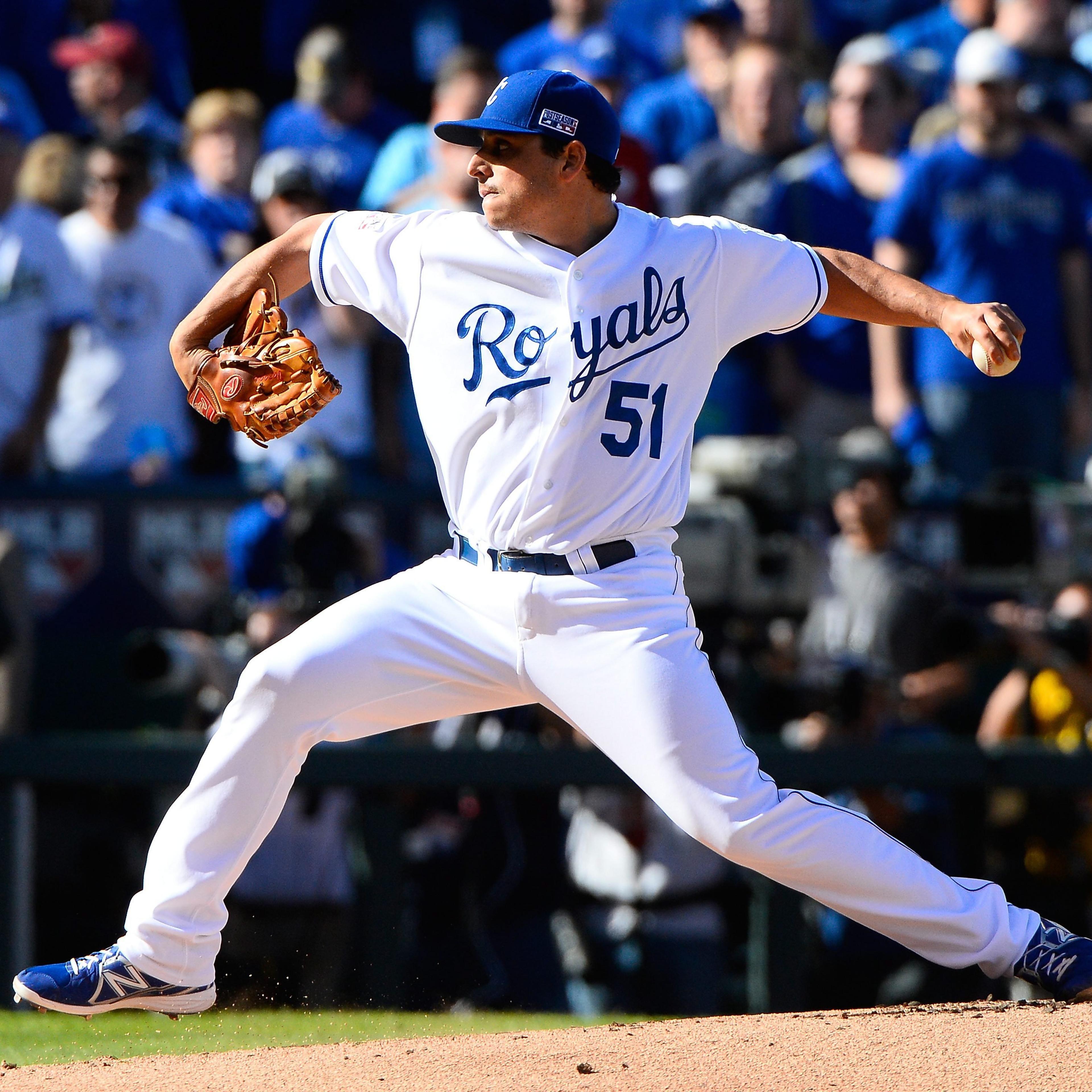 Kansas City Royals starting pitcher Jason Vargas pitches during the first inning against the Baltimore Orioles in Game Four of the American League Championship Series at Kaufman Stadium in Kansas City, Missouri on Oct. 15, 2014.