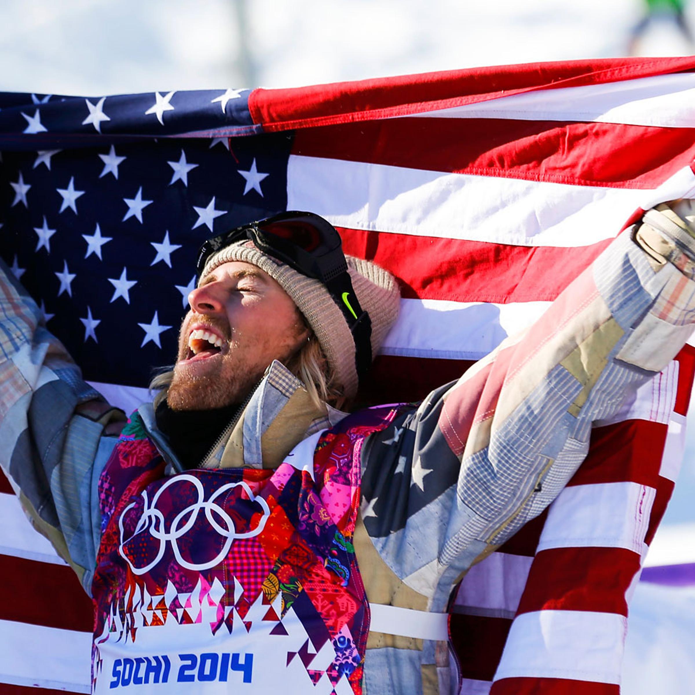 Winner Kotsenburg of the U.S. celebrates after the men's snowboard slopestyle final competition at the 2014 Sochi Olympic Games in Rosa Khutor