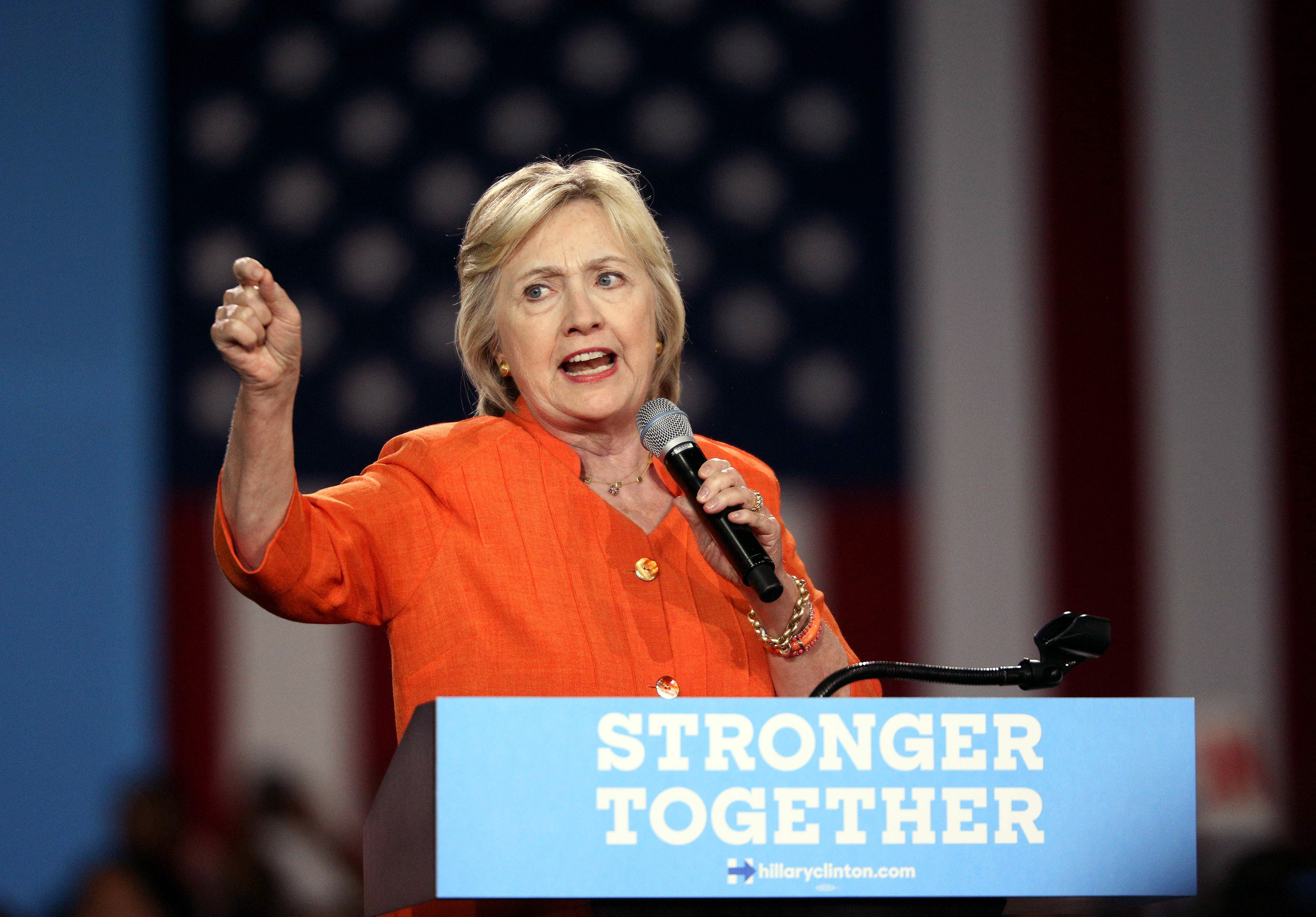 Hillary Clinton addresses supporters during a rally at the Osceola Heritage Park in Kissimmee, Fla., on Aug. 8, 2016.