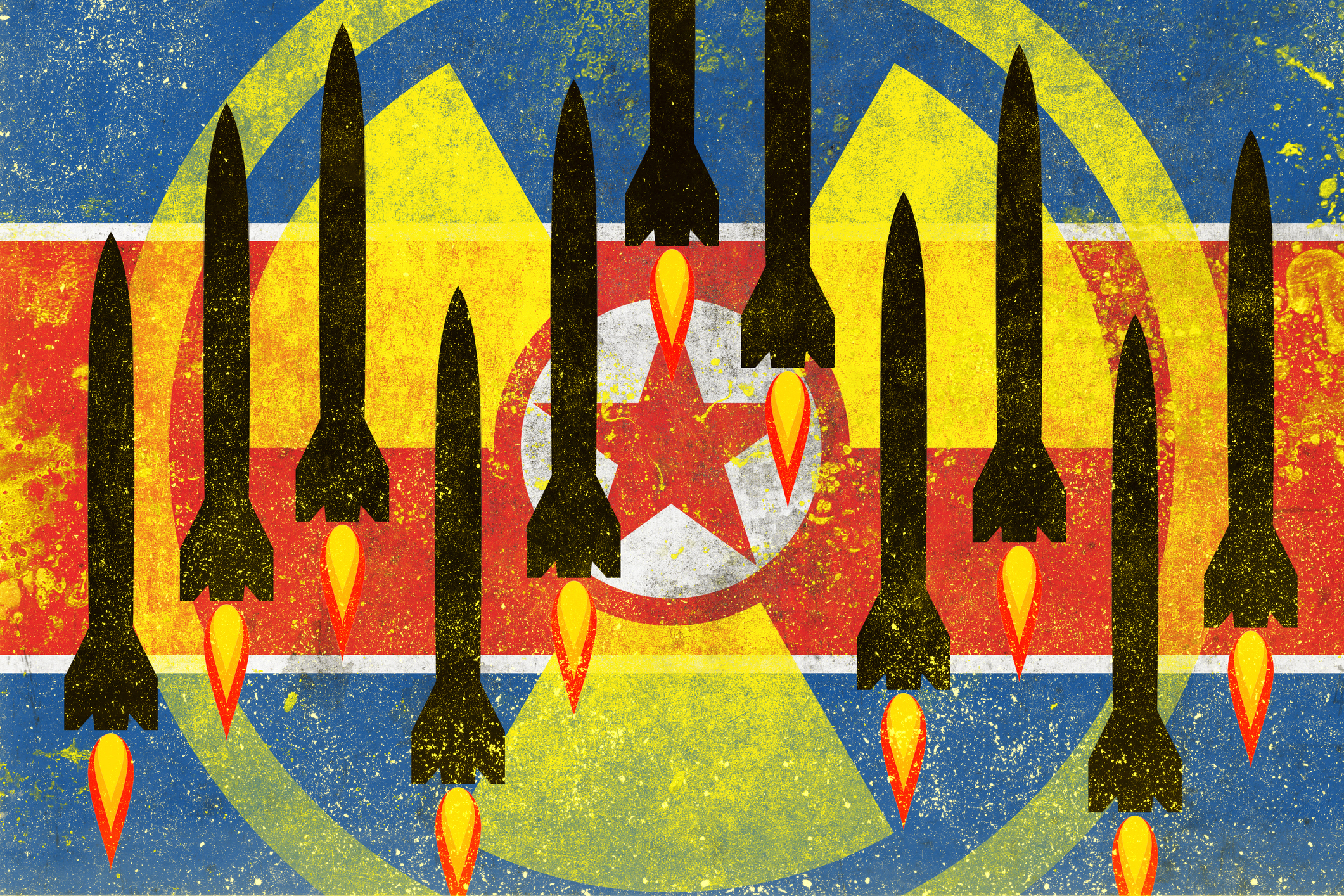 North Korea flag with nuclear warning symbol and missiles