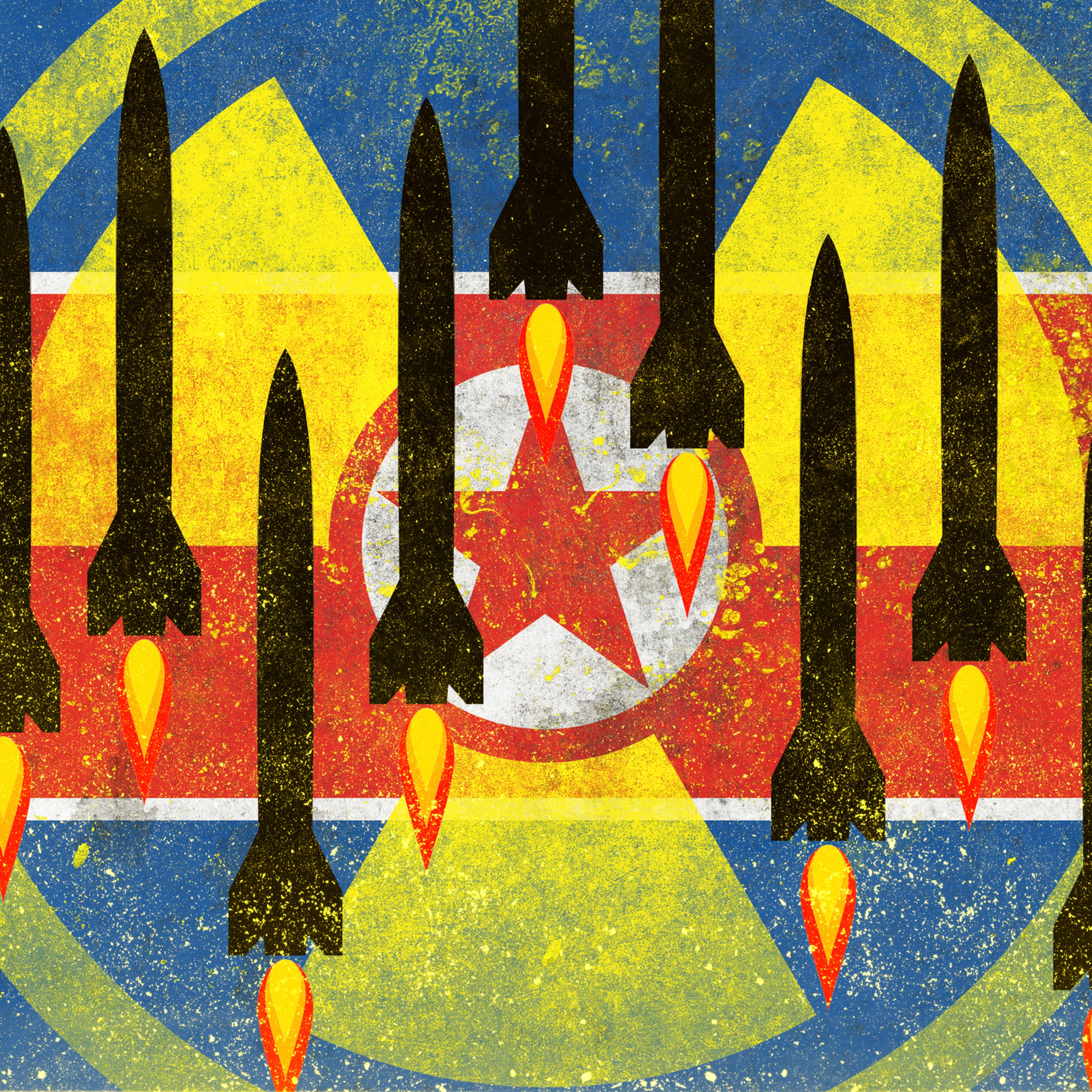 North Korea flag with nuclear warning symbol and missiles