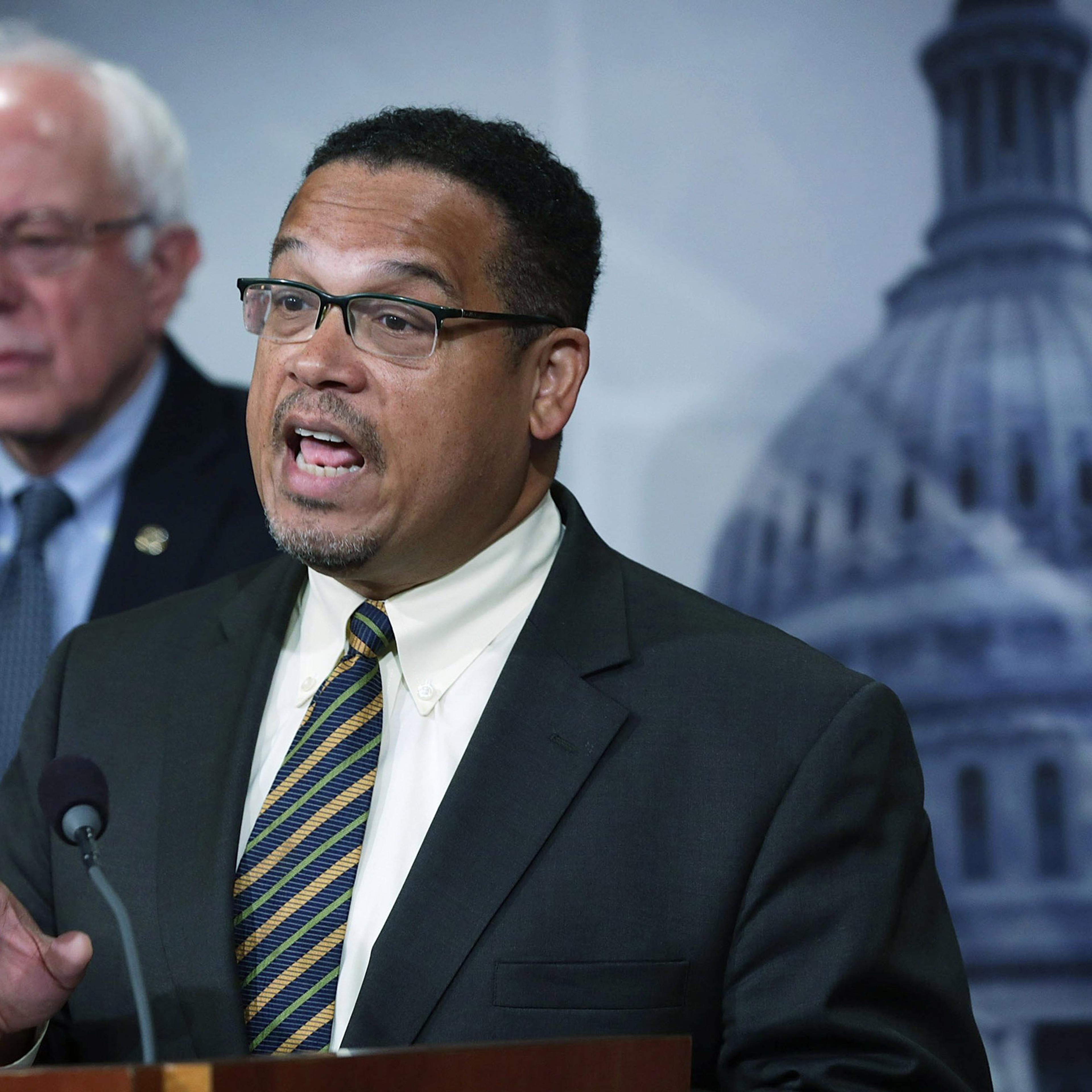 WASHINGTON, DC - SEPTEMBER 17: U.S. Sen. Bernie Sanders (I-VT) (L) and Rep. Keith Ellison (D-MN) (R) speak to members of the media during a news conference about private prisons September 17, 2015 on Capitol Hill in Washington, DC. The legislators announ