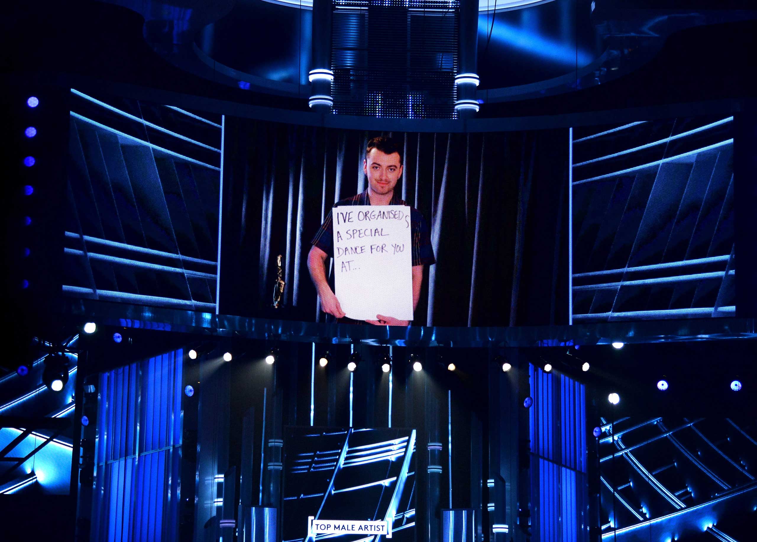 Recording artist Sam Smith accepts the Top Radio Songs Artist award via video onstage during the 2015 Billboard Music Awards at MGM Grand Garden Arena in Las Vegas, on May 17, 2015 .