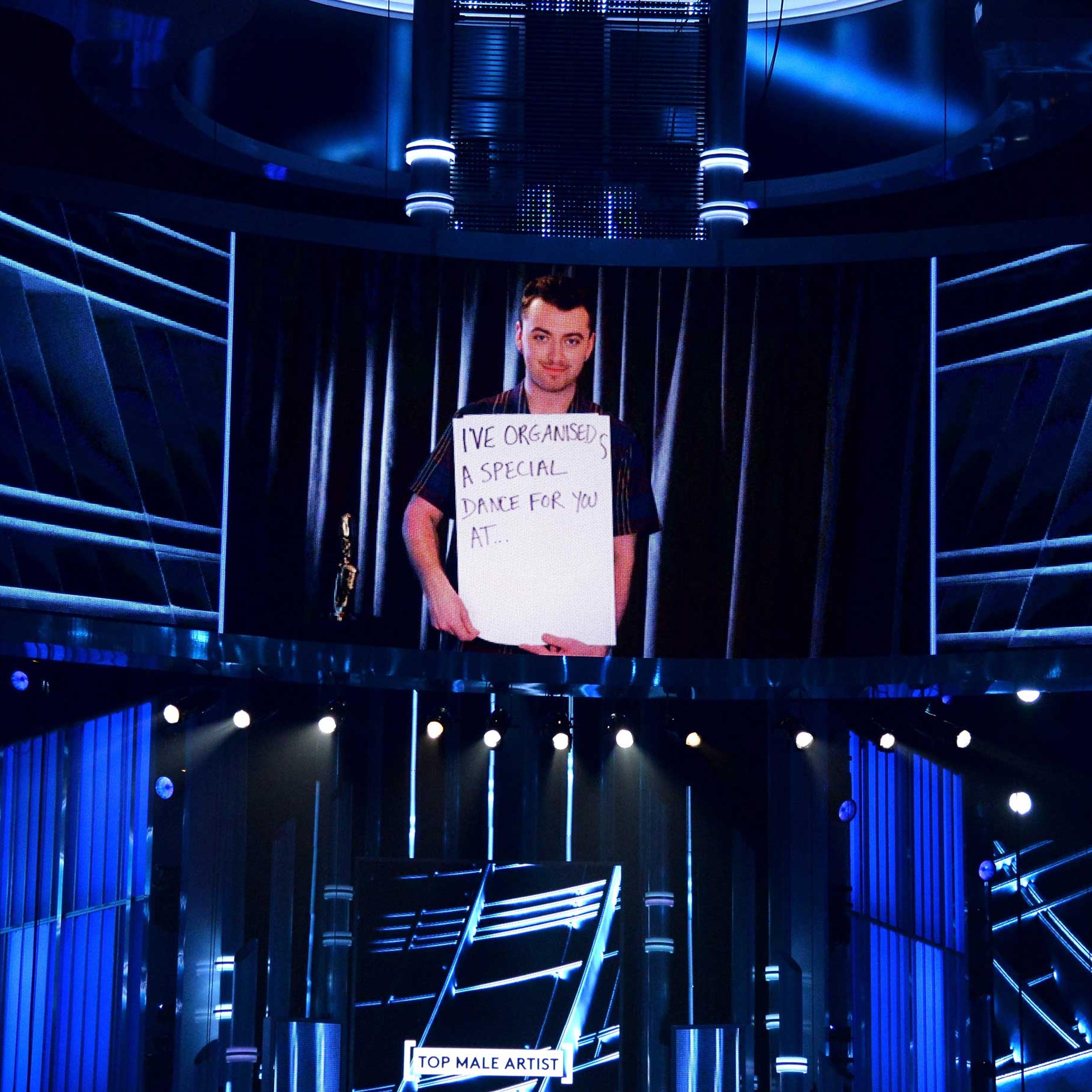 Recording artist Sam Smith accepts the Top Radio Songs Artist award via video onstage during the 2015 Billboard Music Awards at MGM Grand Garden Arena in Las Vegas, on May 17, 2015 .