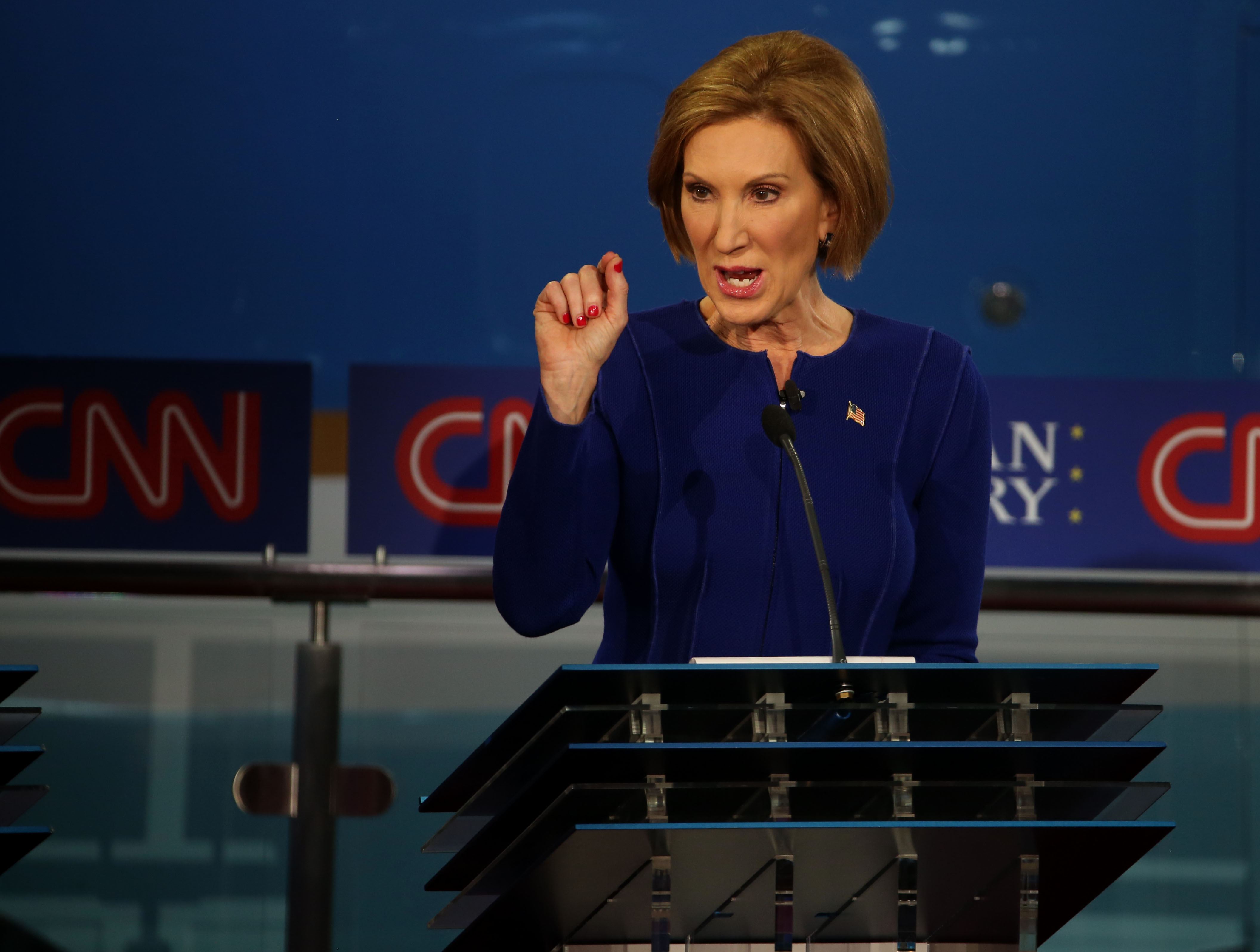 Republican presidential candidate Carly Fiorina takes part in the presidential debates at the Reagan Library in Simi Valley, California on Sept. 16, 2015.