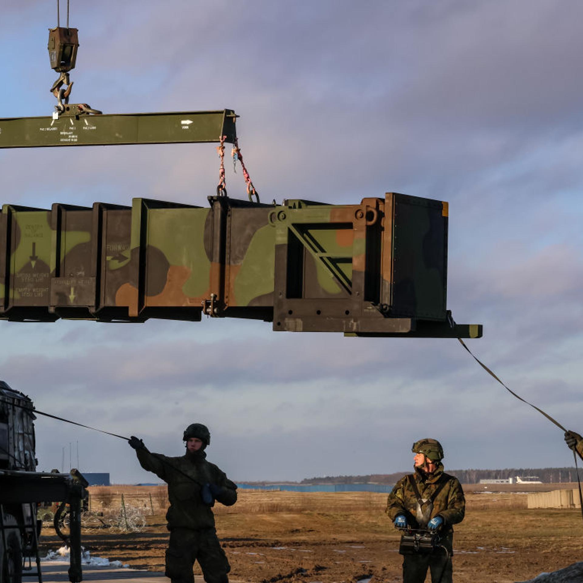 German servicemen transport MIM 104 Patriot surface-to-air defence system batteries during German Minister of Defence Boris Pistorius visit to the German compound of military training ground German Patriot defence systems are placed in Jasionka near Rzes
