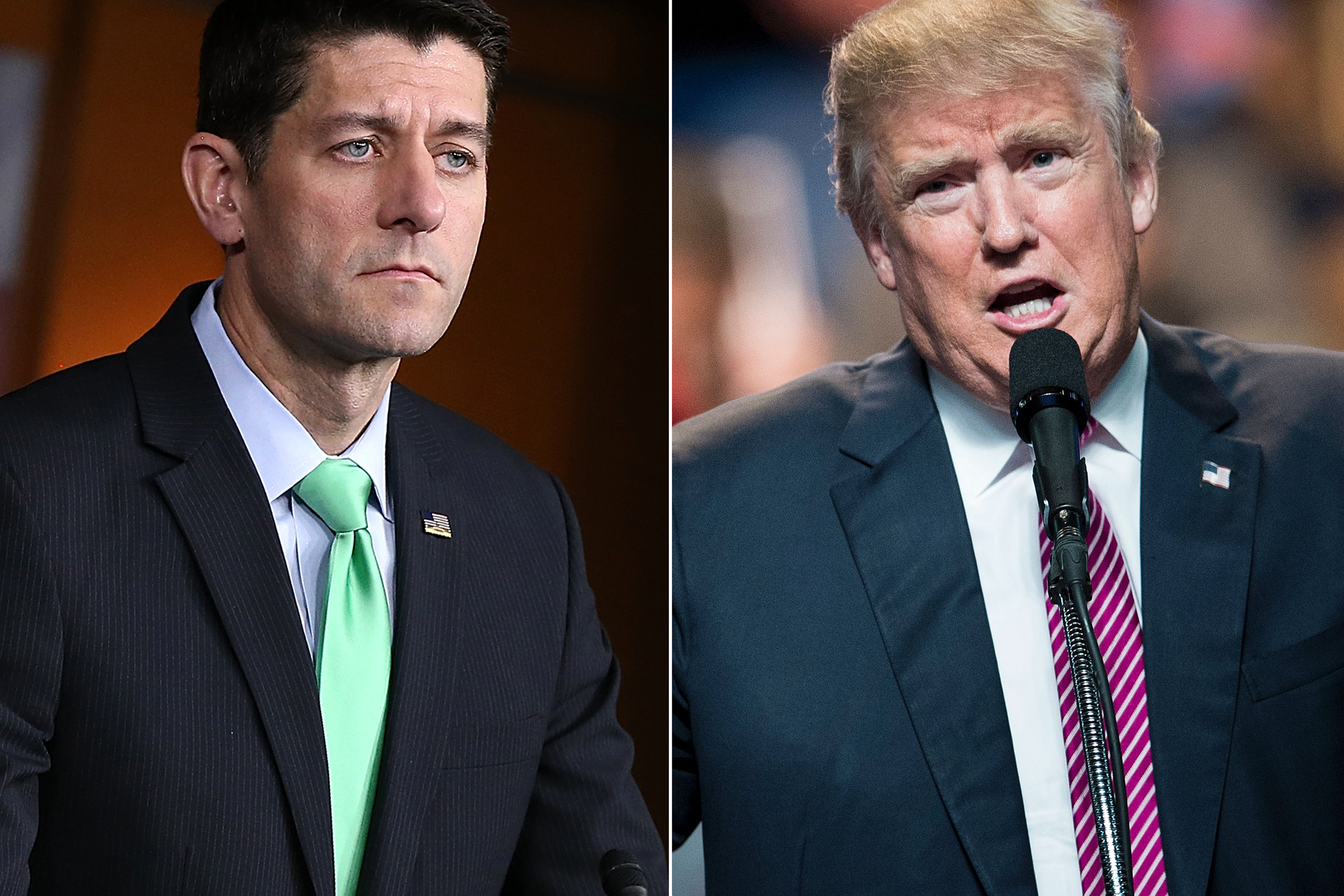 Paul Ryan in Washington, on April 28, 2016 (L); Donald Trump in Charleston, West Virginia, on May 5, 2016.
