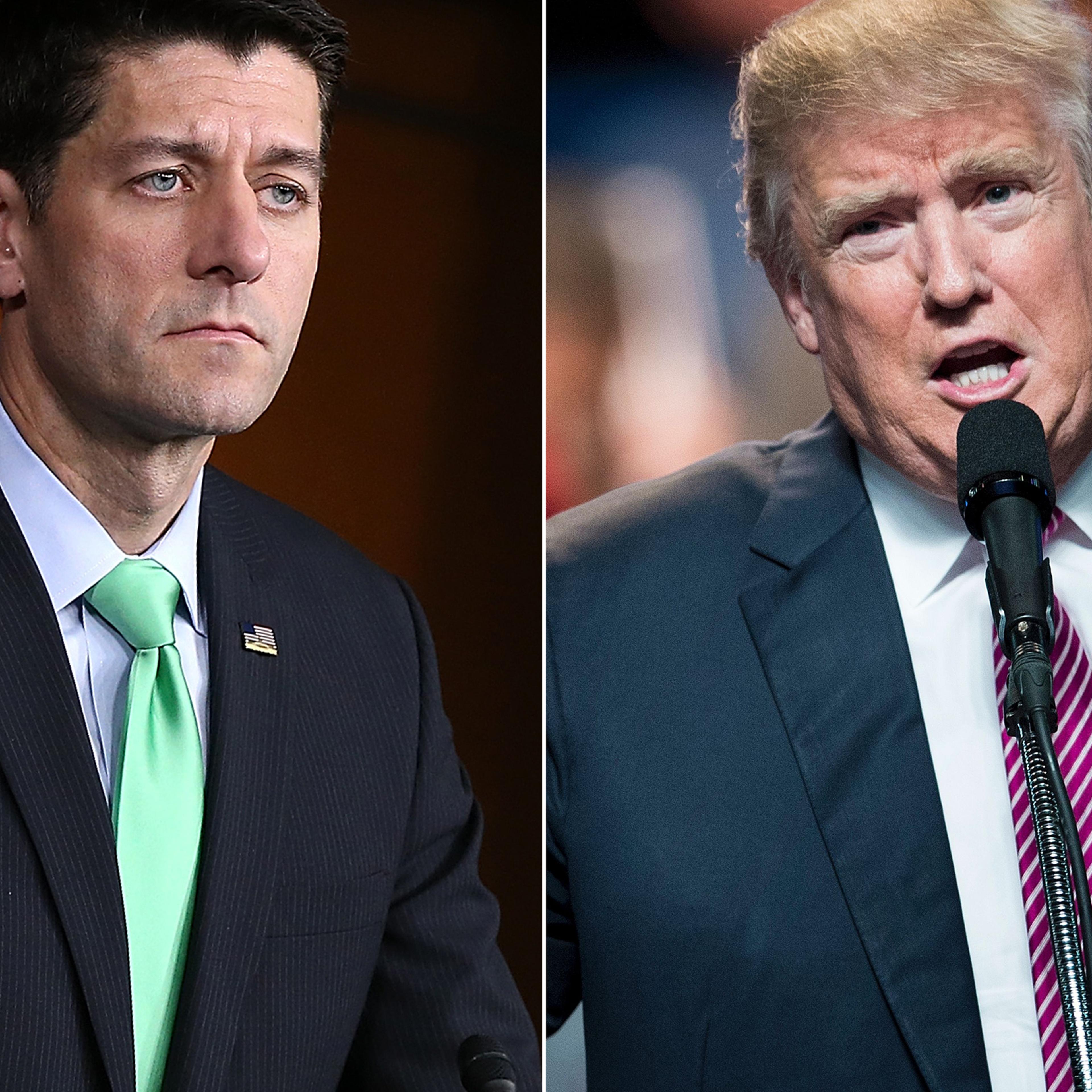 Paul Ryan in Washington, on April 28, 2016 (L); Donald Trump in Charleston, West Virginia, on May 5, 2016.