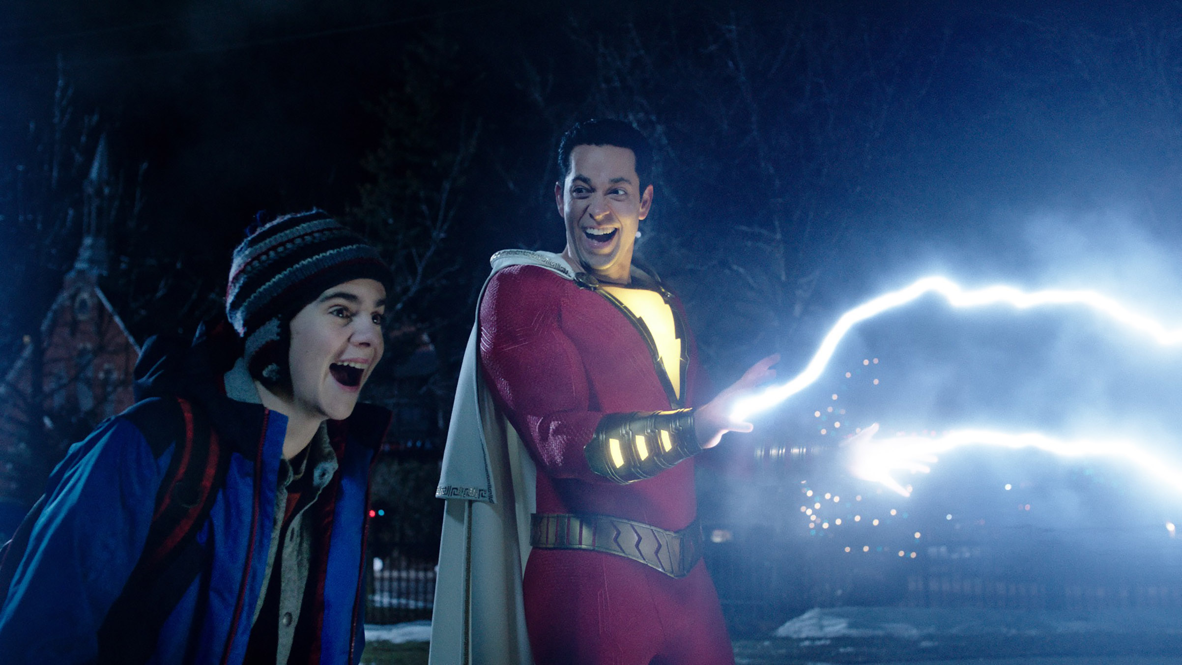 Jack Dylan Grazer as Freddy Freeman and Zachary Levi as Shazam in Shazam!