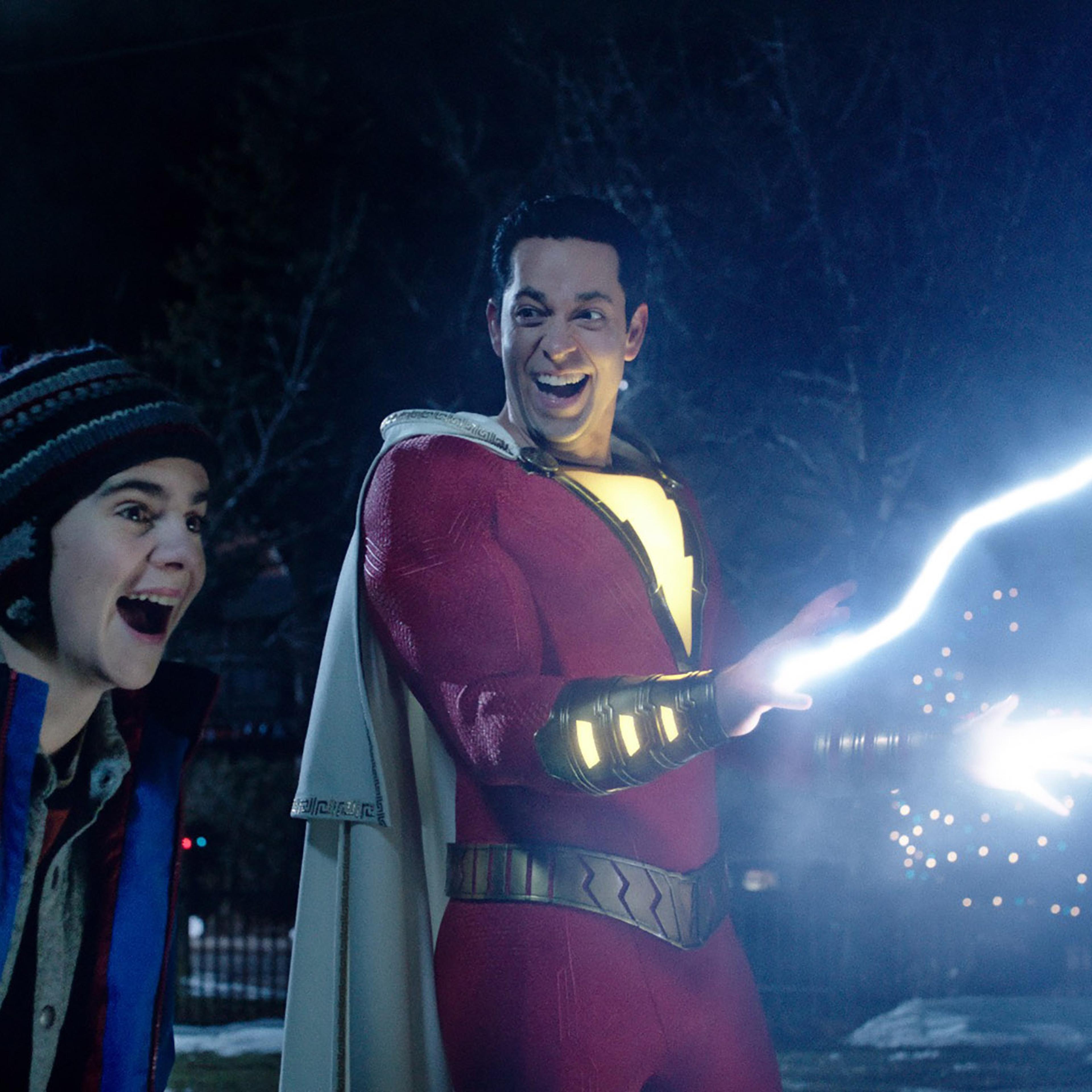 Jack Dylan Grazer as Freddy Freeman and Zachary Levi as Shazam in Shazam!