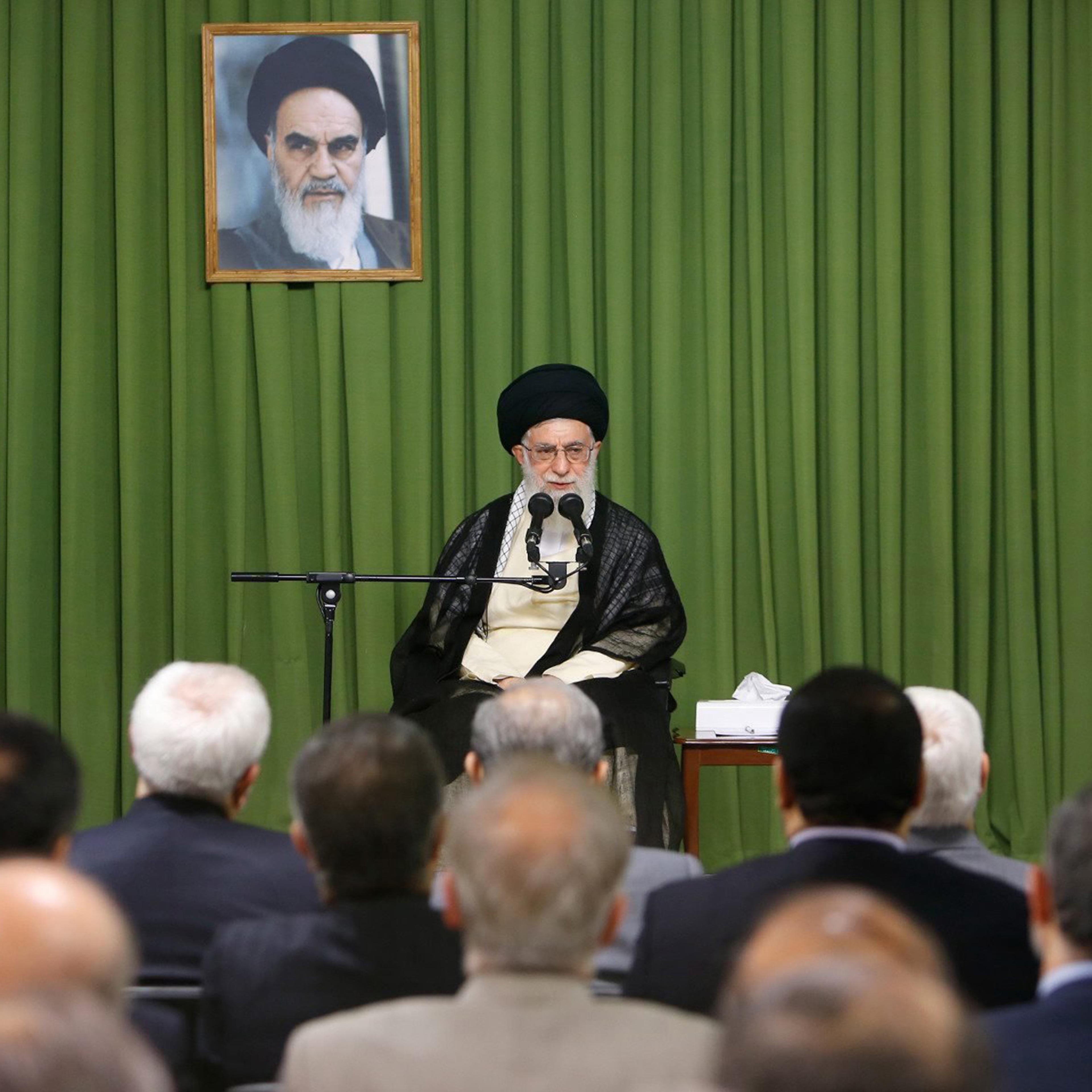 Iran's Supreme leader Ayatollah Ali Khamenei speaking to Iranian ambassadors abroad during a ceremony in Tehran, Aug. 13, 2014.
