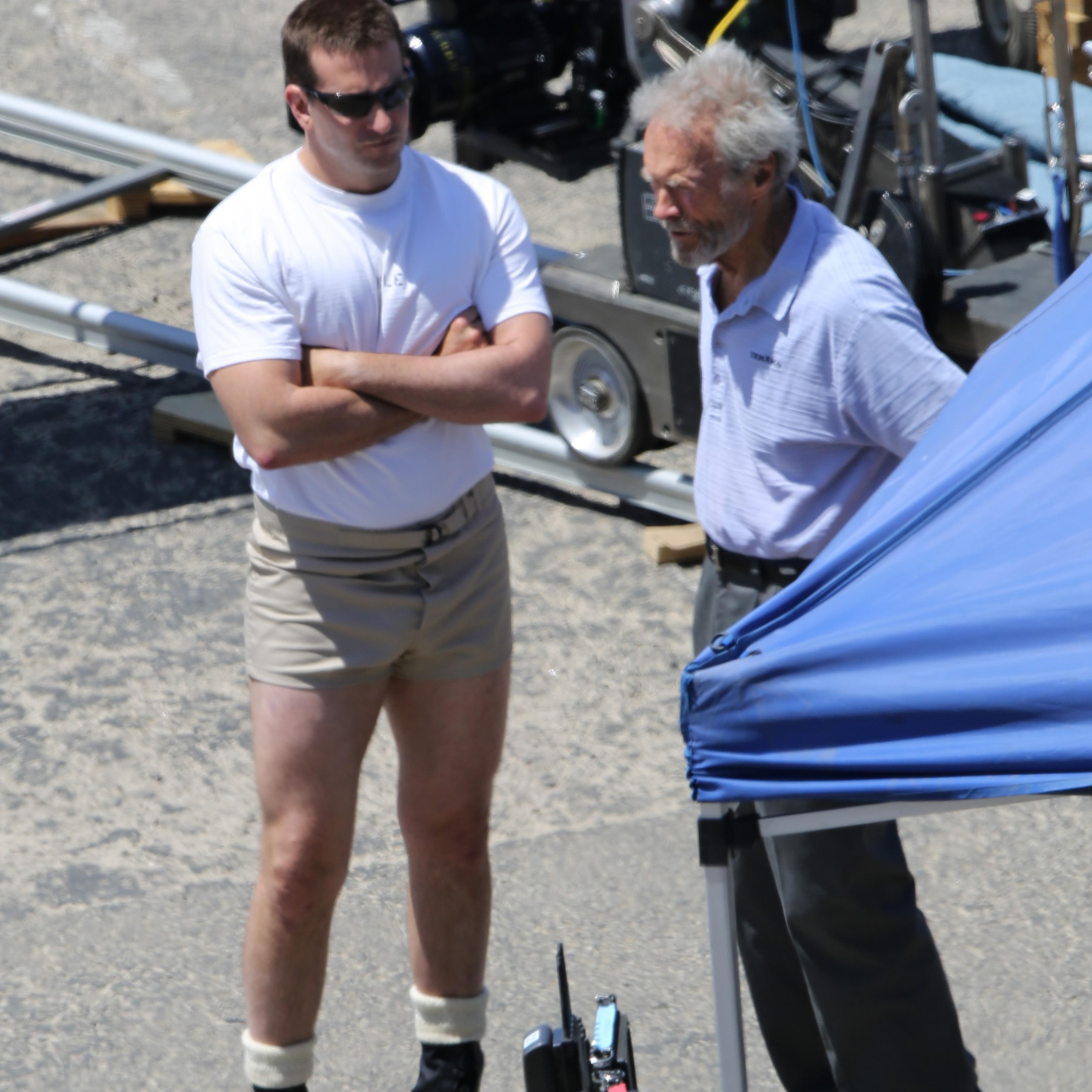 Bradley Cooper and Clint Eastwood on the set of 'American Sniper' in Malibu, California on June 4, 2014 in Los Angeles.