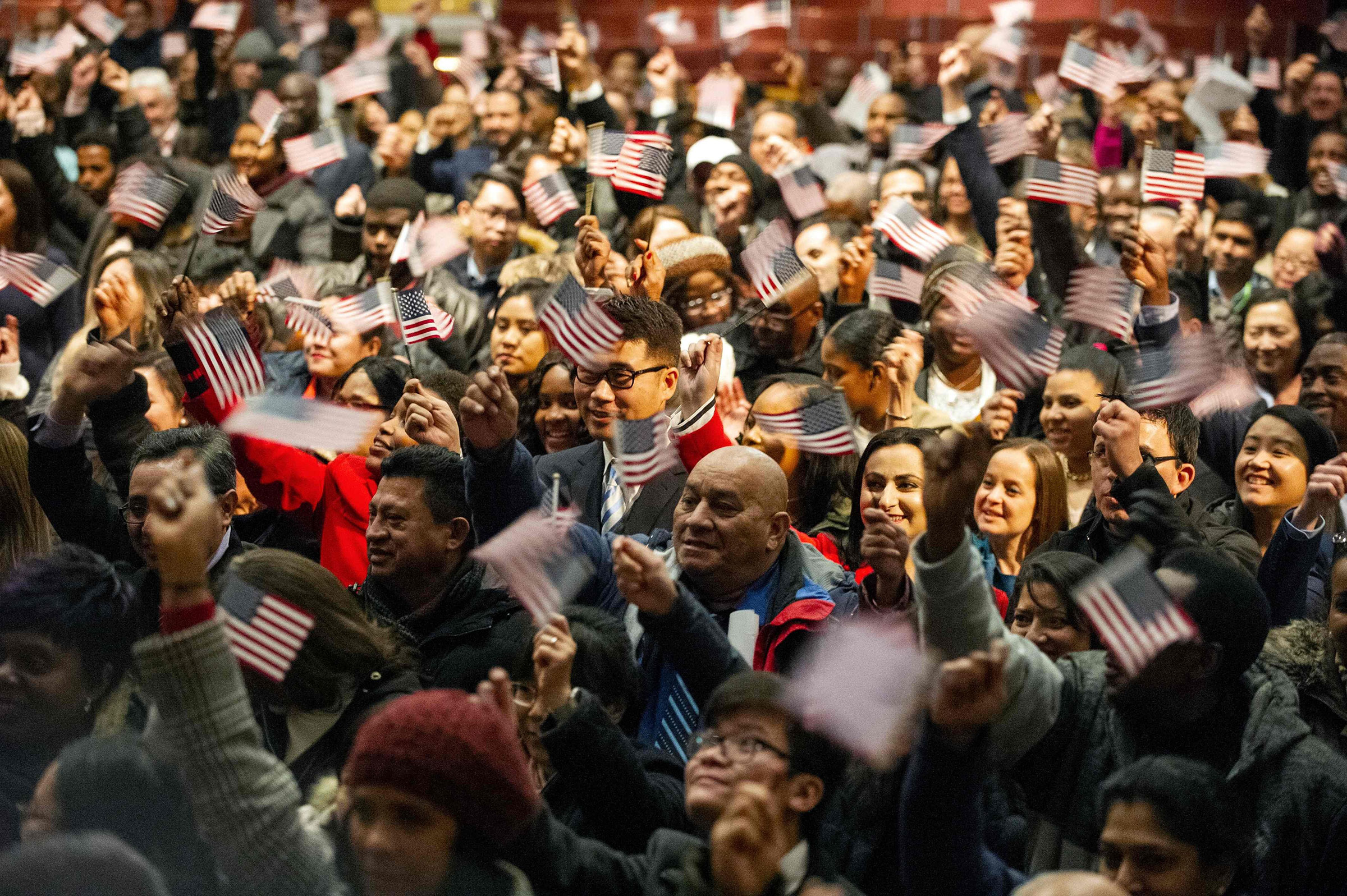 Newly sworn-in U.S. citizens on Jan. 22 in Lowell, Mass.