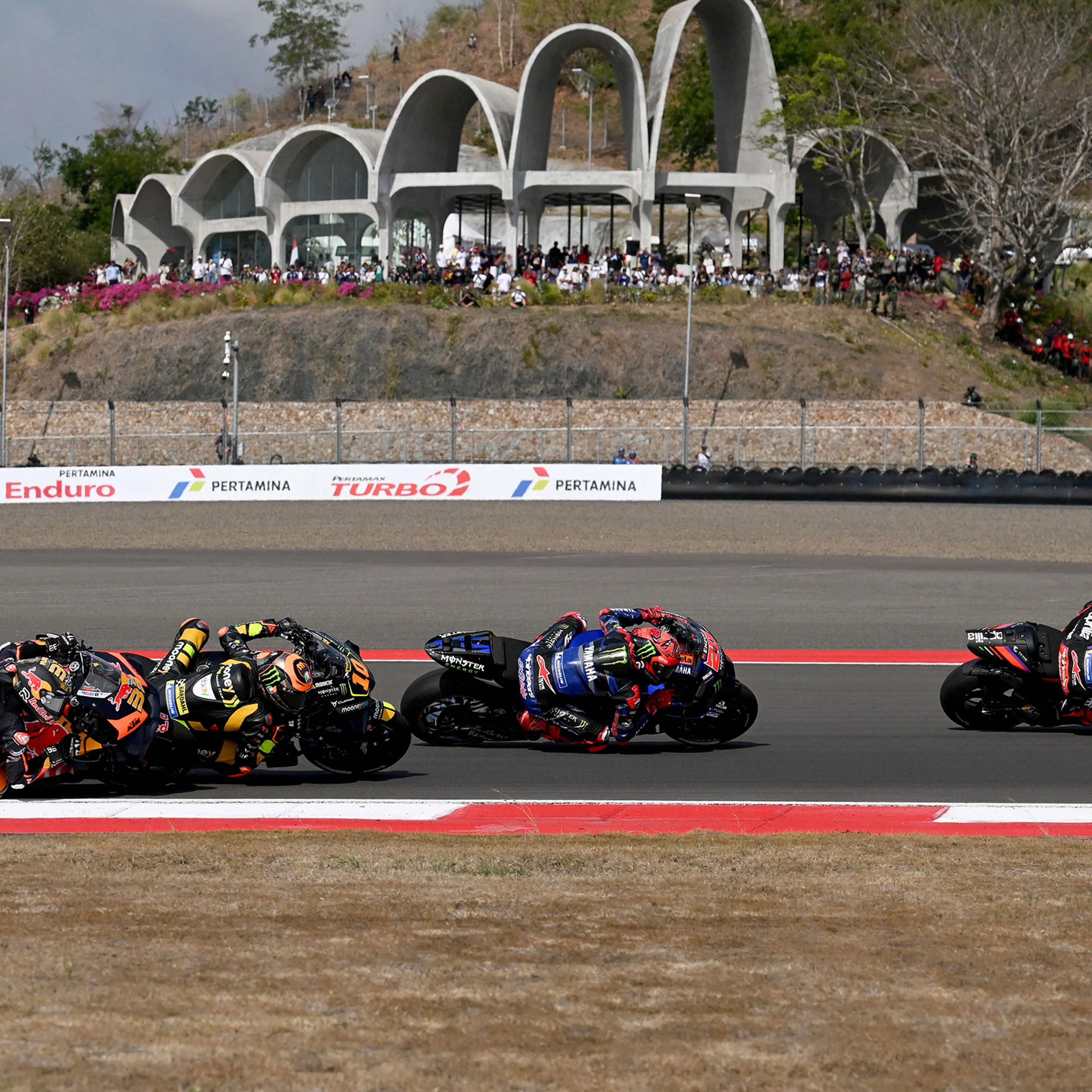 Riders compete in the Indonesian Grand Prix MotoGP at the Mandalika International Circuit in Lombok, Indonesia, on Oct. 15, 2023.
