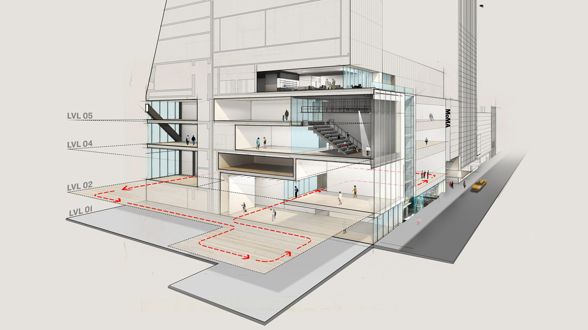 North/south section-perspective through the new gallery spaces at The Museum of Modern Art, looking east along Fifty-third Street. 
