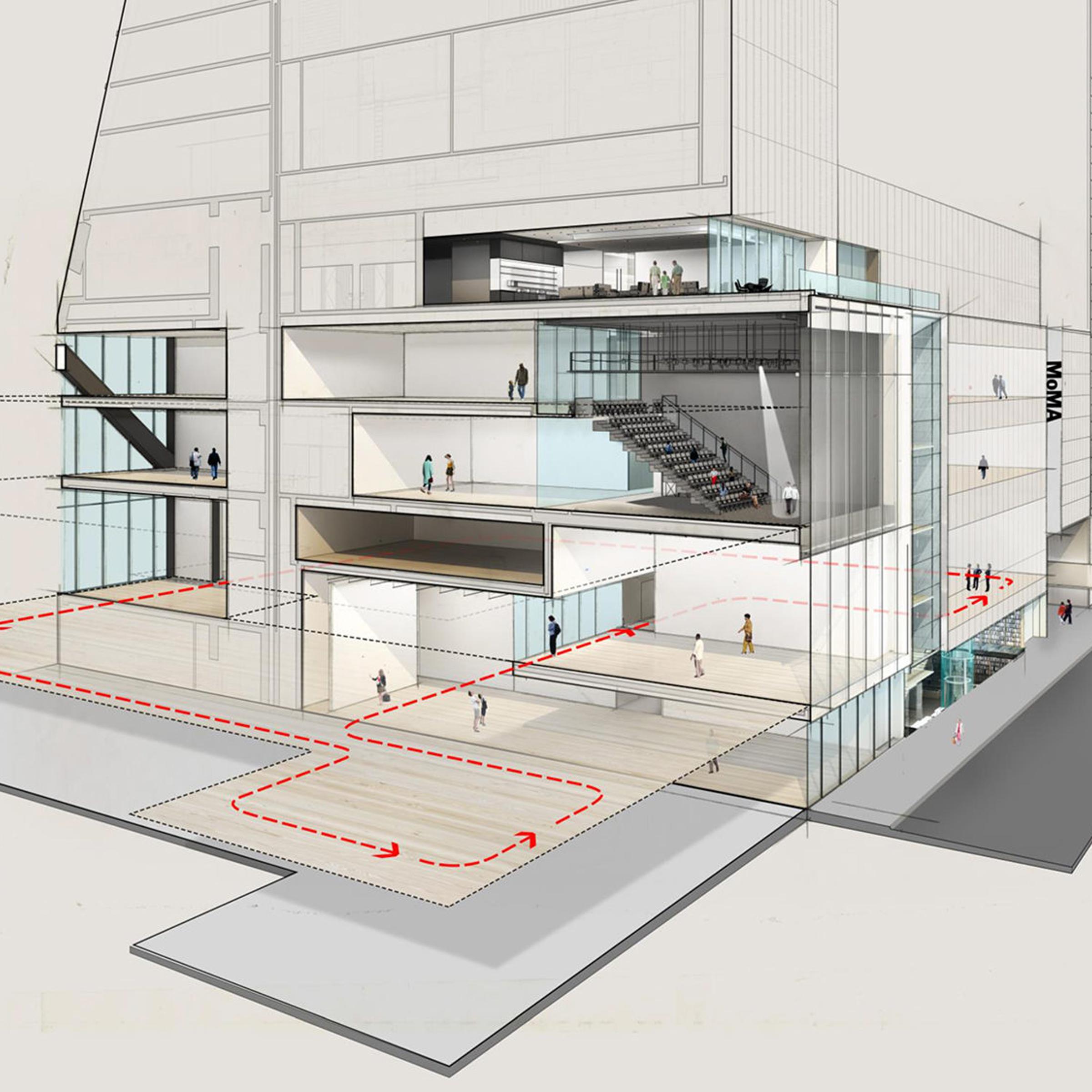 North/south section-perspective through the new gallery spaces at The Museum of Modern Art, looking east along Fifty-third Street.