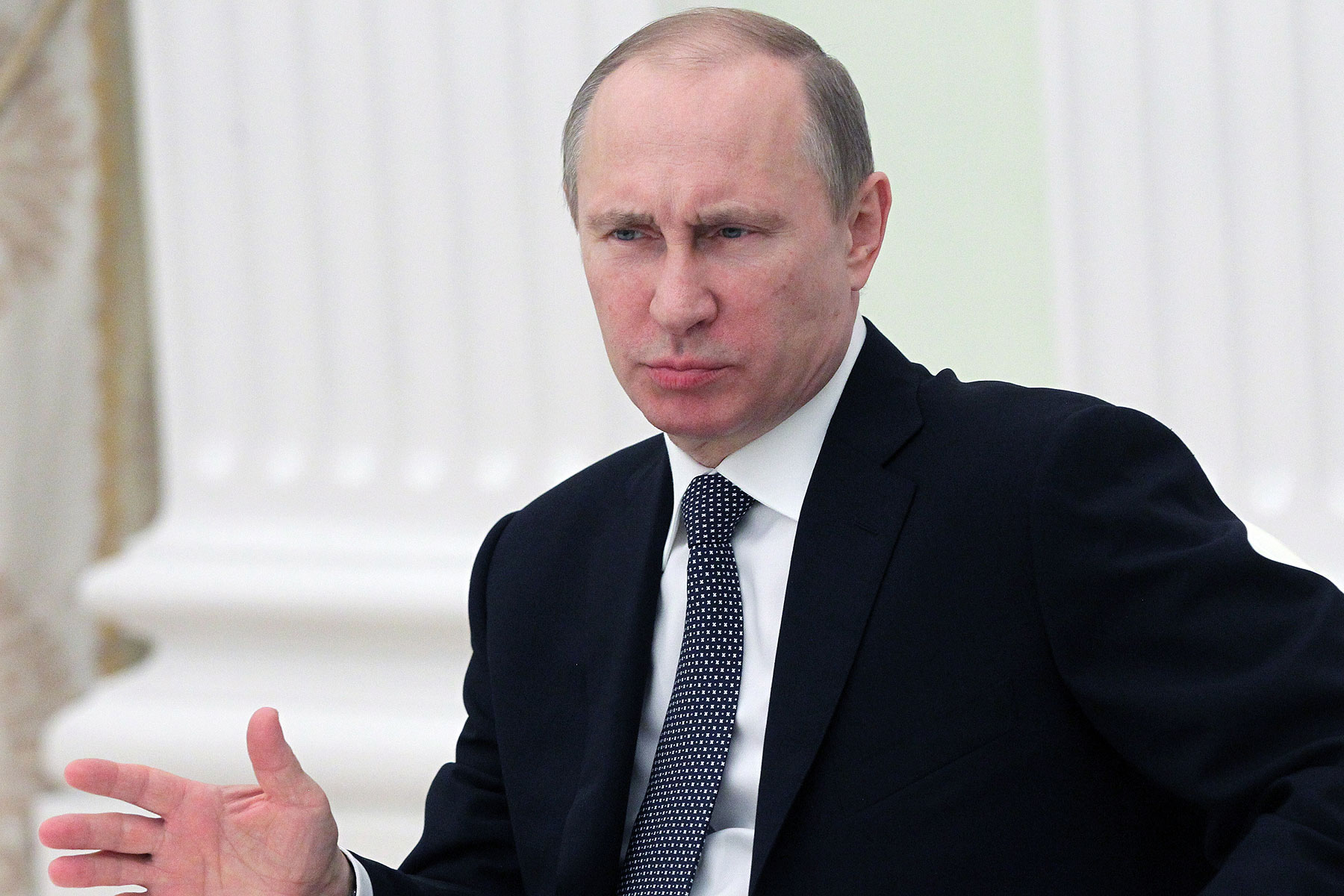 Russian President Vladimir Putin speaks during a meeting with participants of youth polaris expedition to the Nord Pole on April 22, 2014 in Moscow, Russia