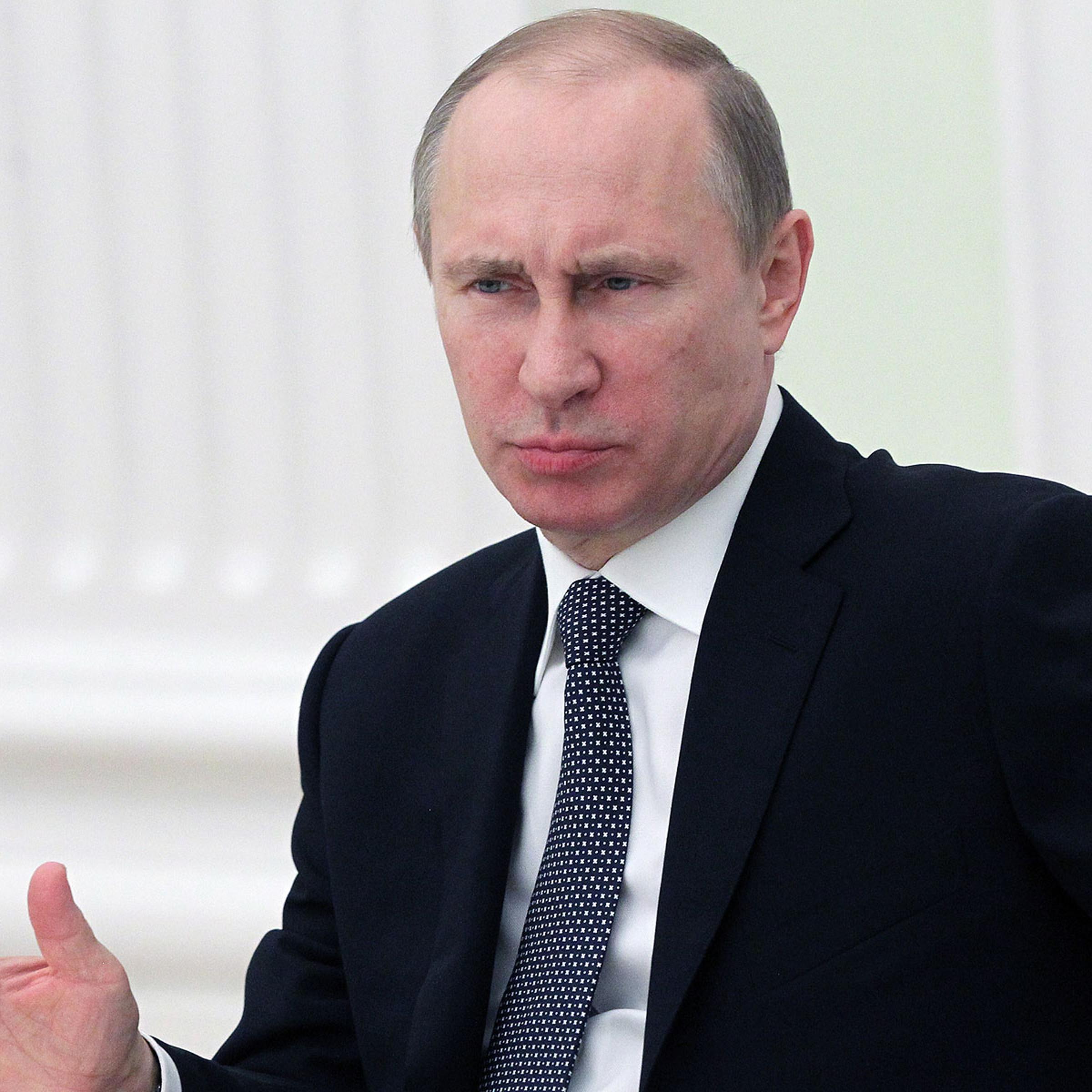 Russian President Vladimir Putin speaks during a meeting with participants of youth polaris expedition to the Nord Pole on April 22, 2014 in Moscow, Russia