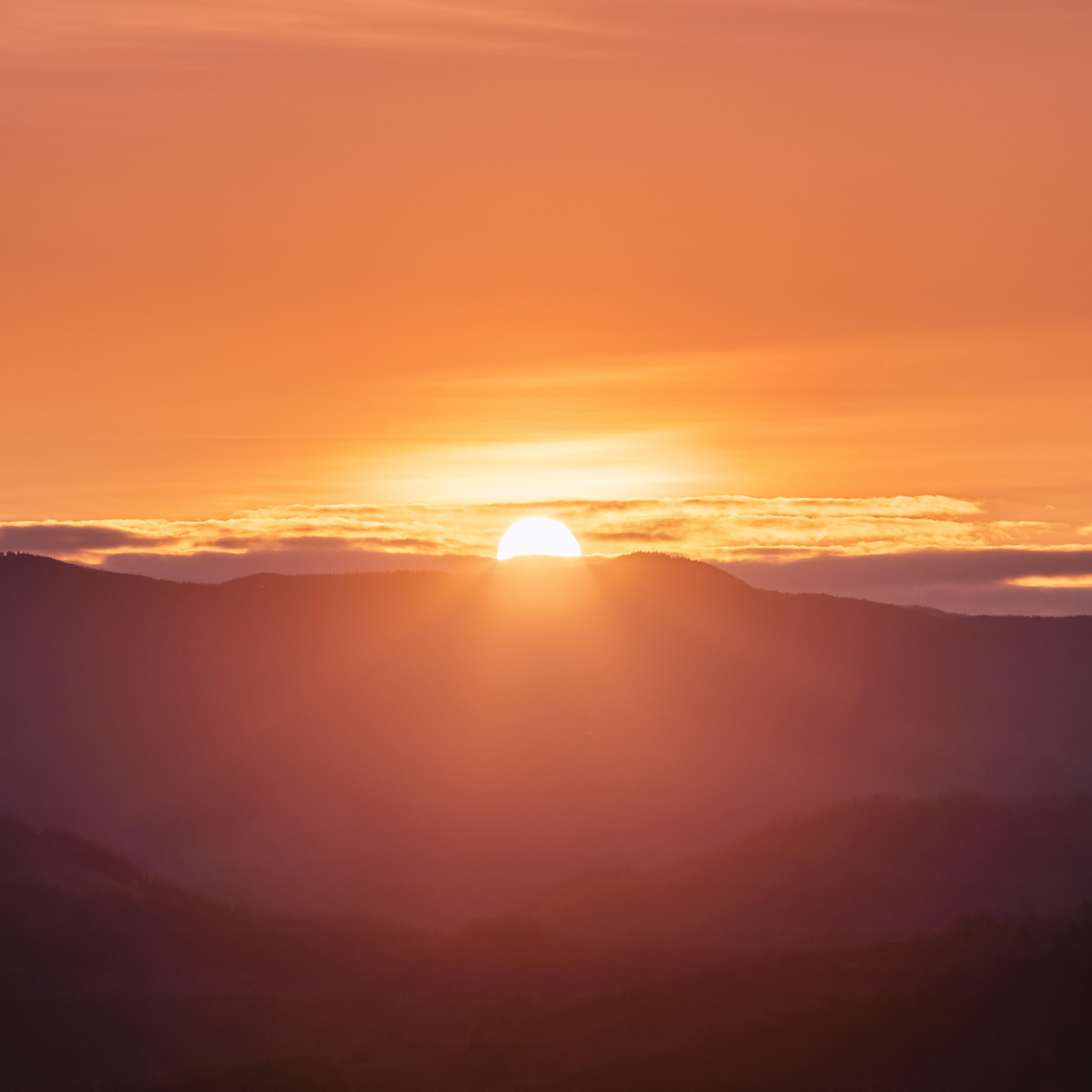 Beautiful sunrise. Sun rays enlighten the meadow with trees. Spring morning. Landscape with high mountains. Panoramic view. Natural scenery. Wallpaper background. Touristic place Carpathian park.