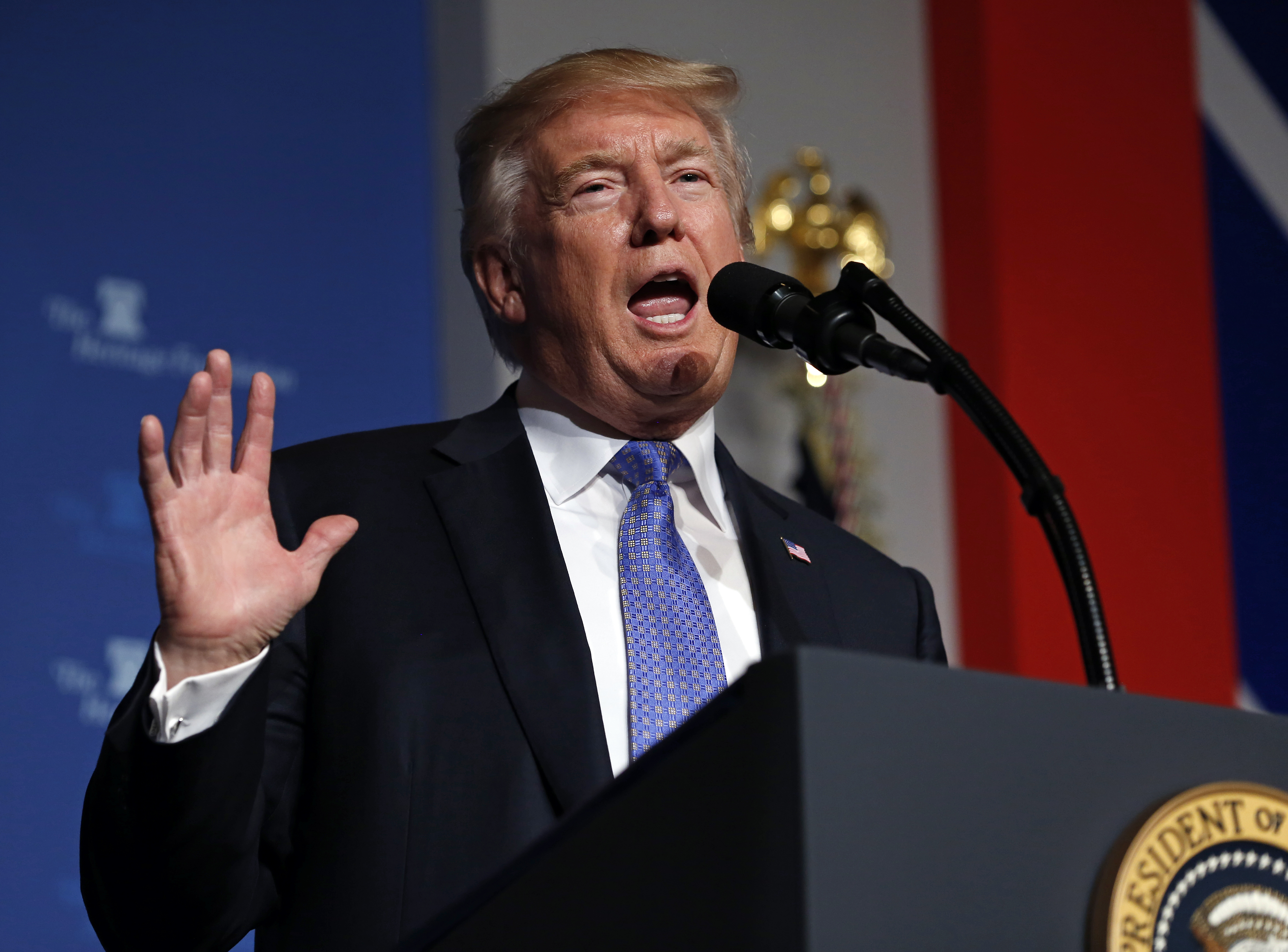 President Donald Trump Speaks At Heritage Foundation Meeting