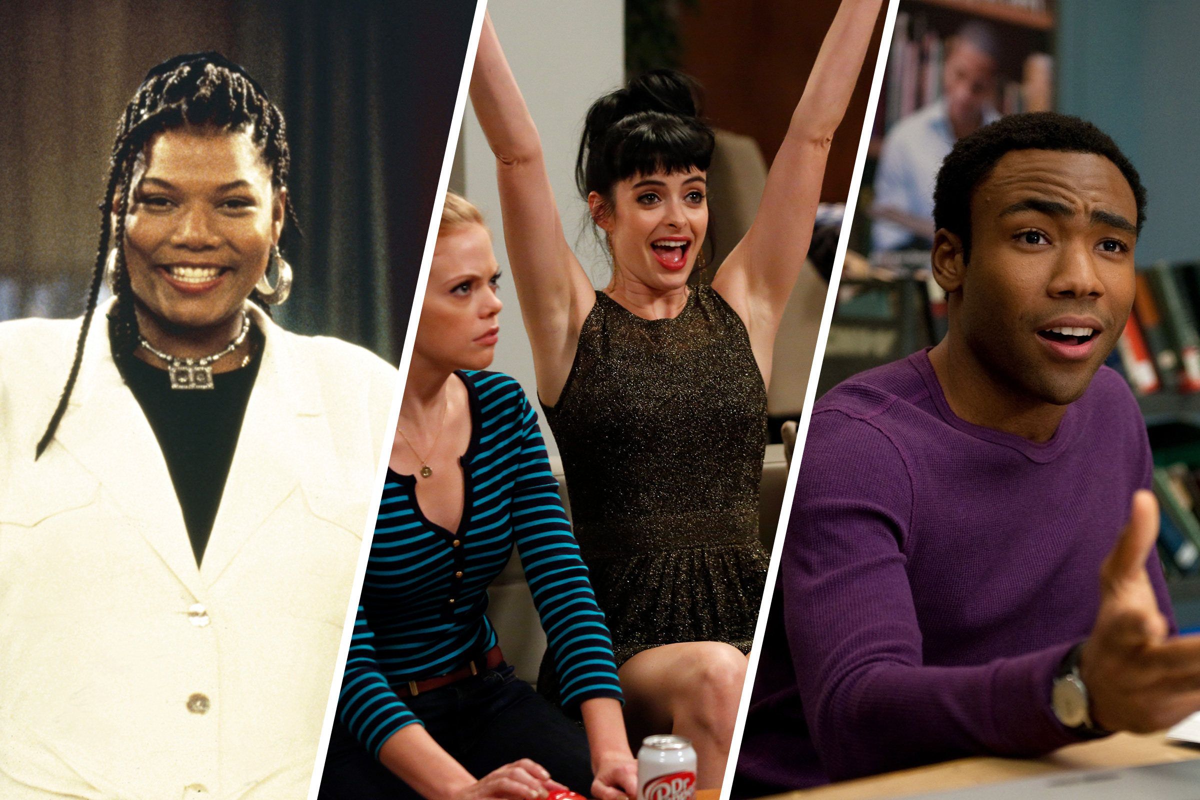 Queen Latifah in 'Living Single'; Krysten Ritter and Dreama Walker in 'Don't Trust the B---- in Apartment 23'; Donald Glover in 'Community'
