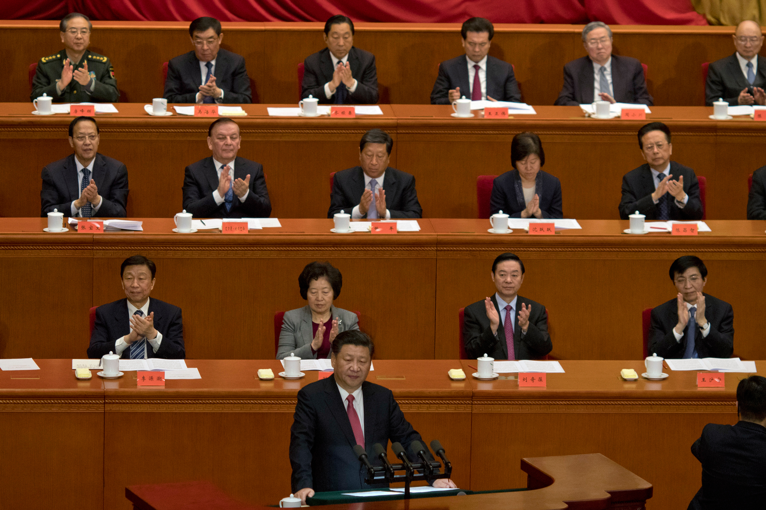 Chinese President Xi Jinping speaks at the commemorative meeting to mark the 150th anniversary of the birth of Sun Yat-sen, founding father of the Republic of China and founder of the Chinese National Party (KMT) at the Great Hall of the People in Beijin