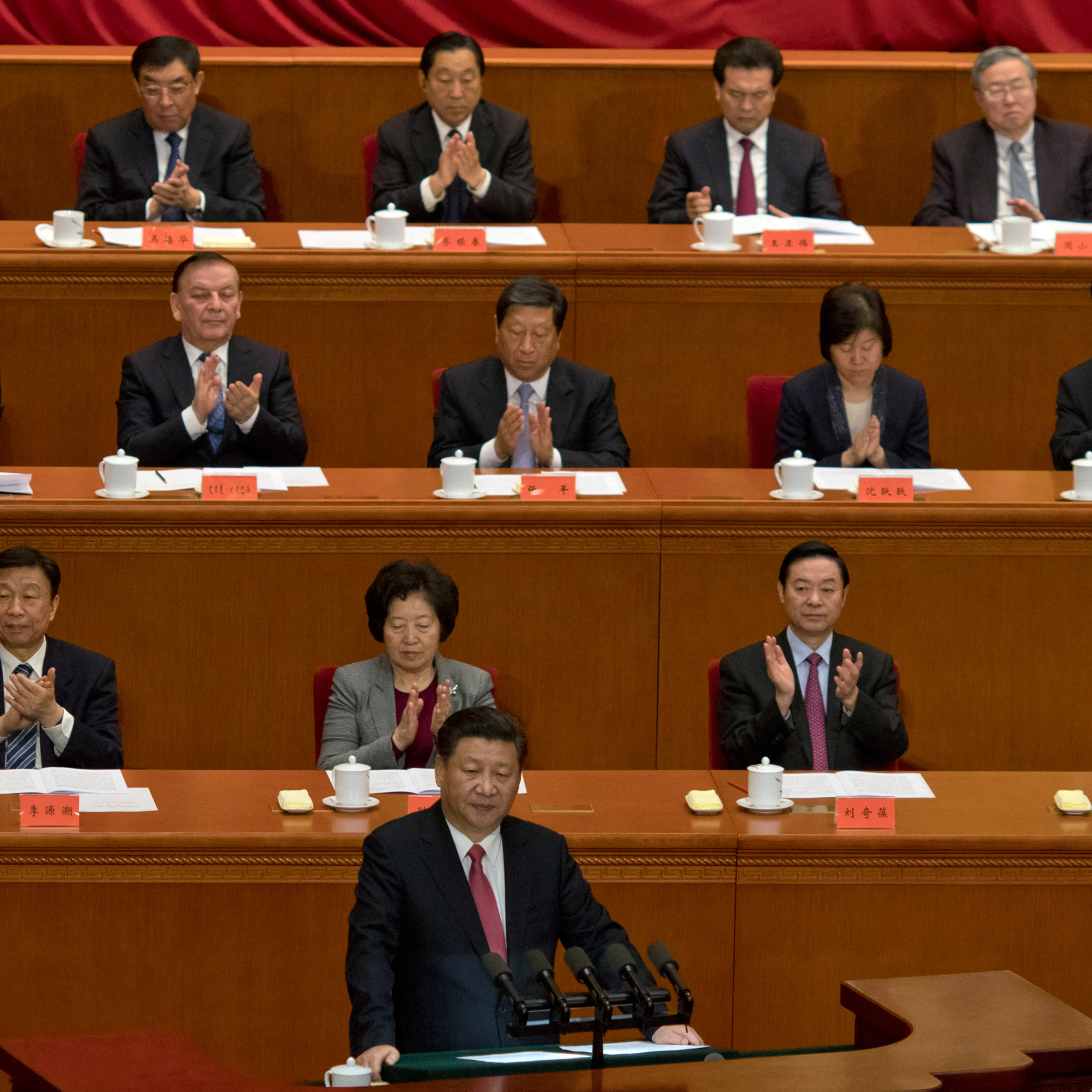 Chinese President Xi Jinping speaks at the commemorative meeting to mark the 150th anniversary of the birth of Sun Yat-sen, founding father of the Republic of China and founder of the Chinese National Party (KMT) at the Great Hall of the People in Beijin