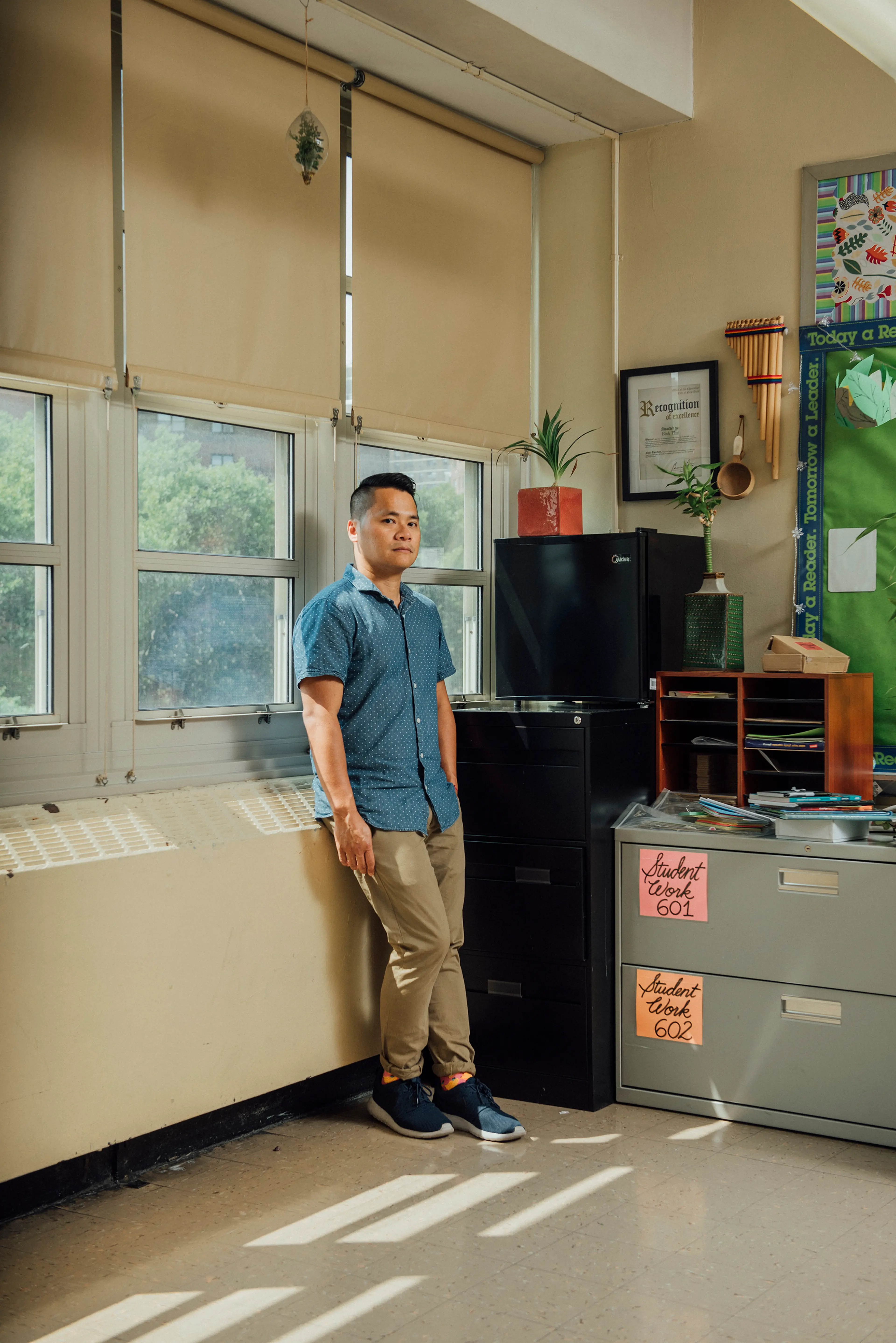 Humanities teacher Binh Thai in his classroom at University Neighborhood Middle School in New York City on Aug. 16.