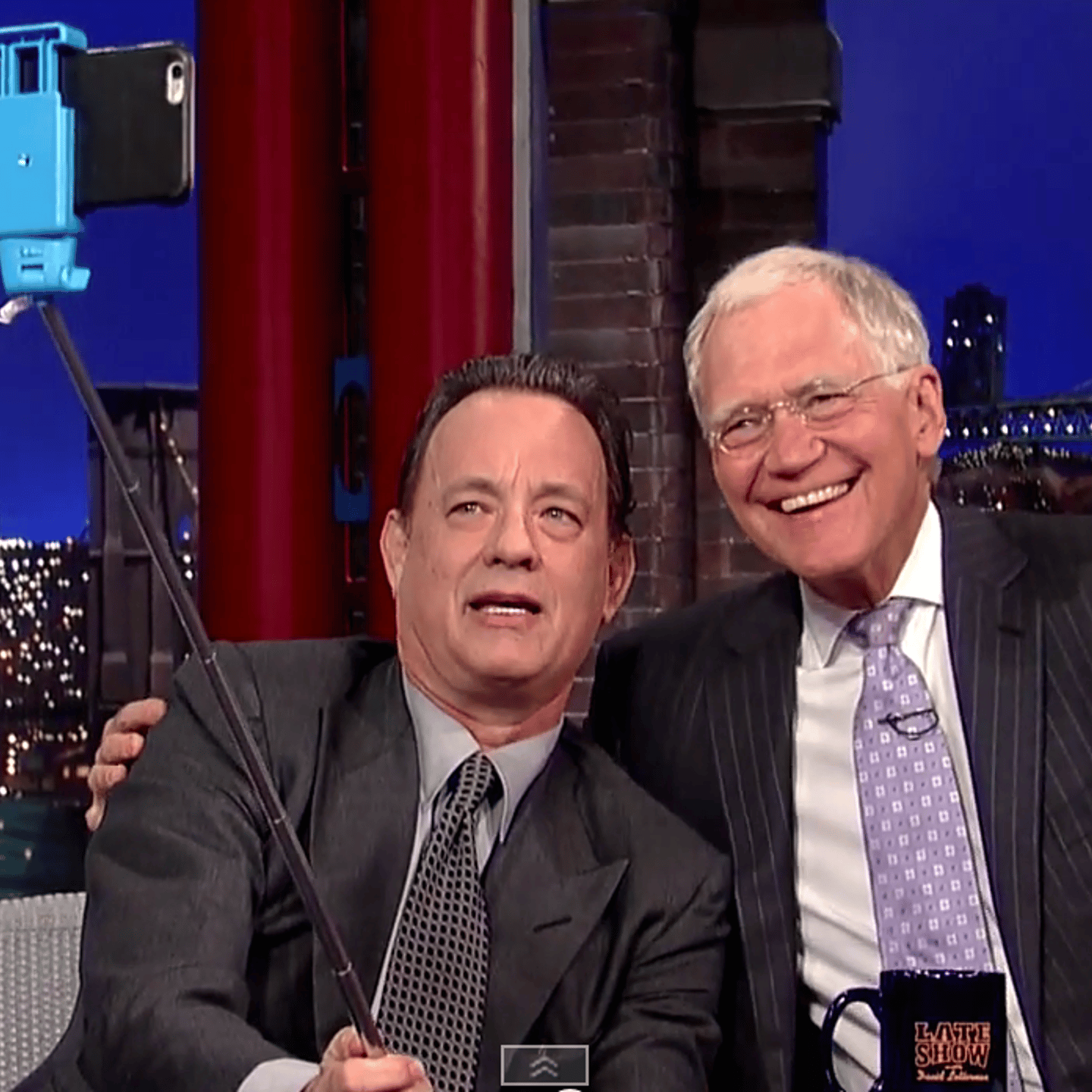 Tom Hanks stops by Letterman to teach the retiring talk show host how to use a selfie stick