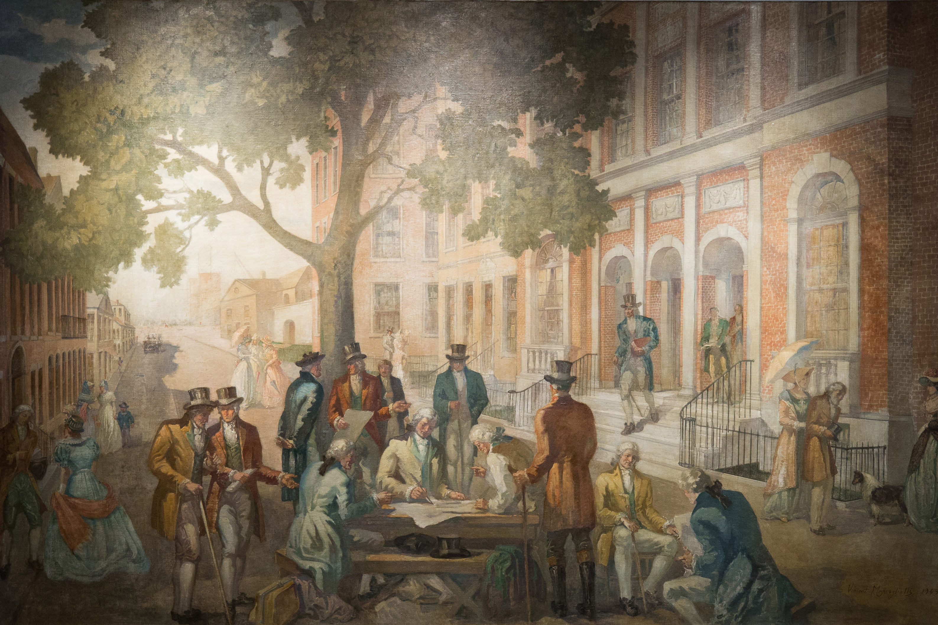 A photo of the restored mural reimagining the signing of the Buttonwood Agreement at 1792, the bar and restaurant at the New York Stock Exchange.