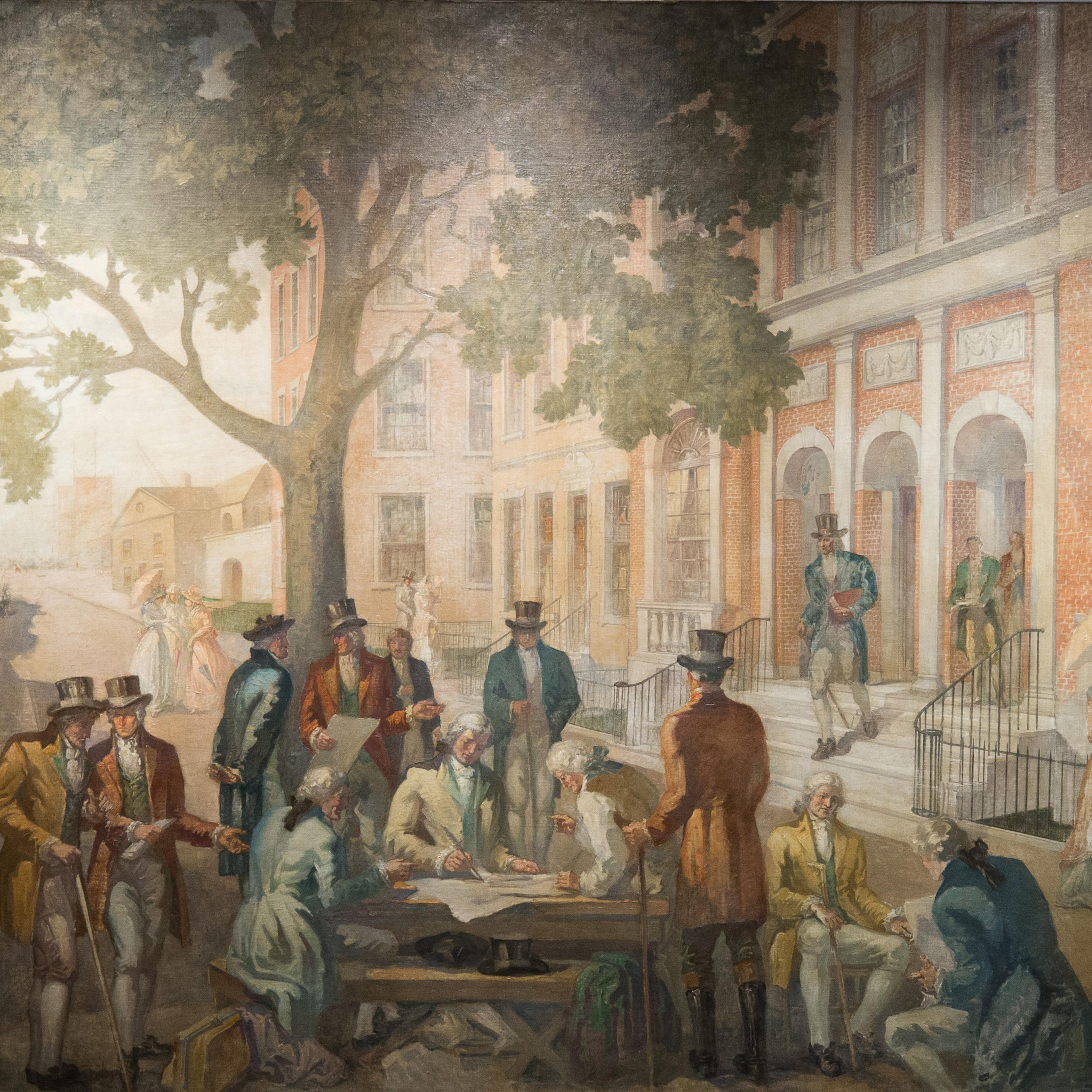 A photo of the restored mural reimagining the signing of the Buttonwood Agreement at 1792, the bar and restaurant at the New York Stock Exchange.