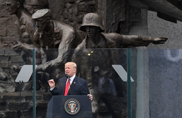 US President Donald Trump gives a speech in front of the Warsaw Uprising Monument on Krasinski Square on the sidelines of the Three Seas Initiative Summit in Warsaw, Poland, July 6, 2017.