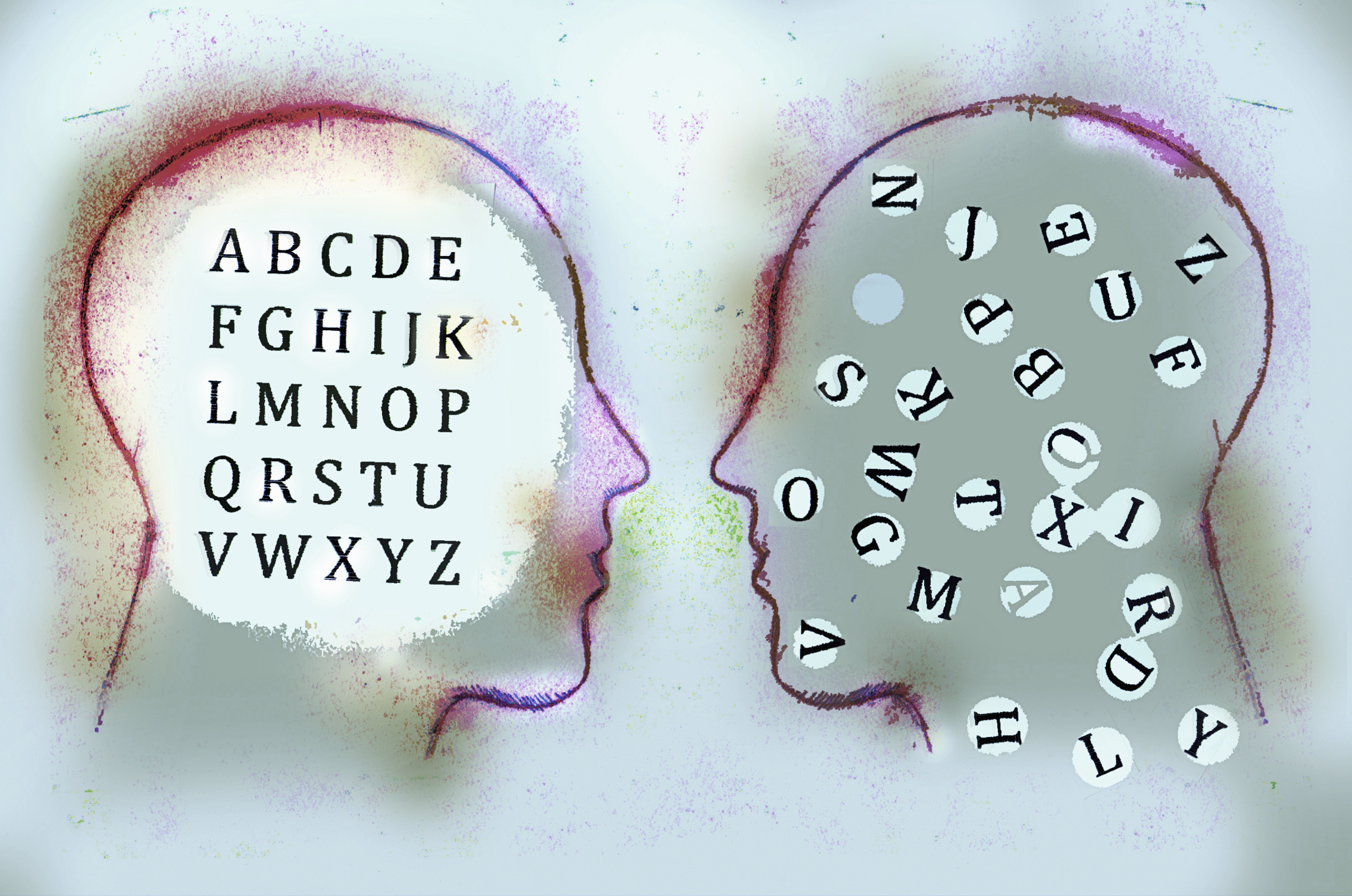 Alphabet inside of men's heads face to face contrasting order and chaos