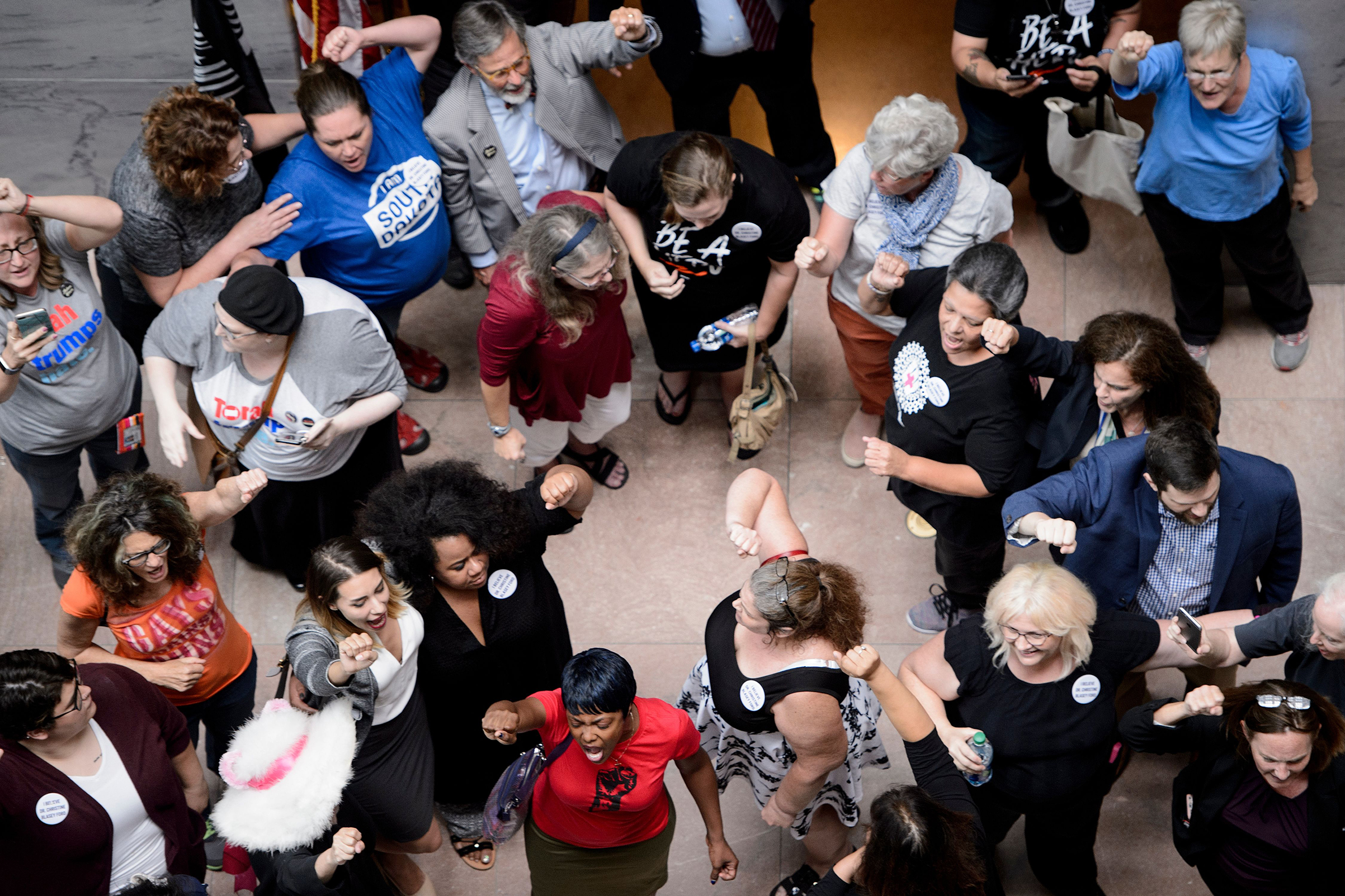 Activists rally outside the office of Senate Judiciary Committee Chairman, Senator Chuck Grassley (R-IA), during protests against Judge Brett Kavanaugh on Capitol Hill Sept. 20, 2018 in Washington, D.C.