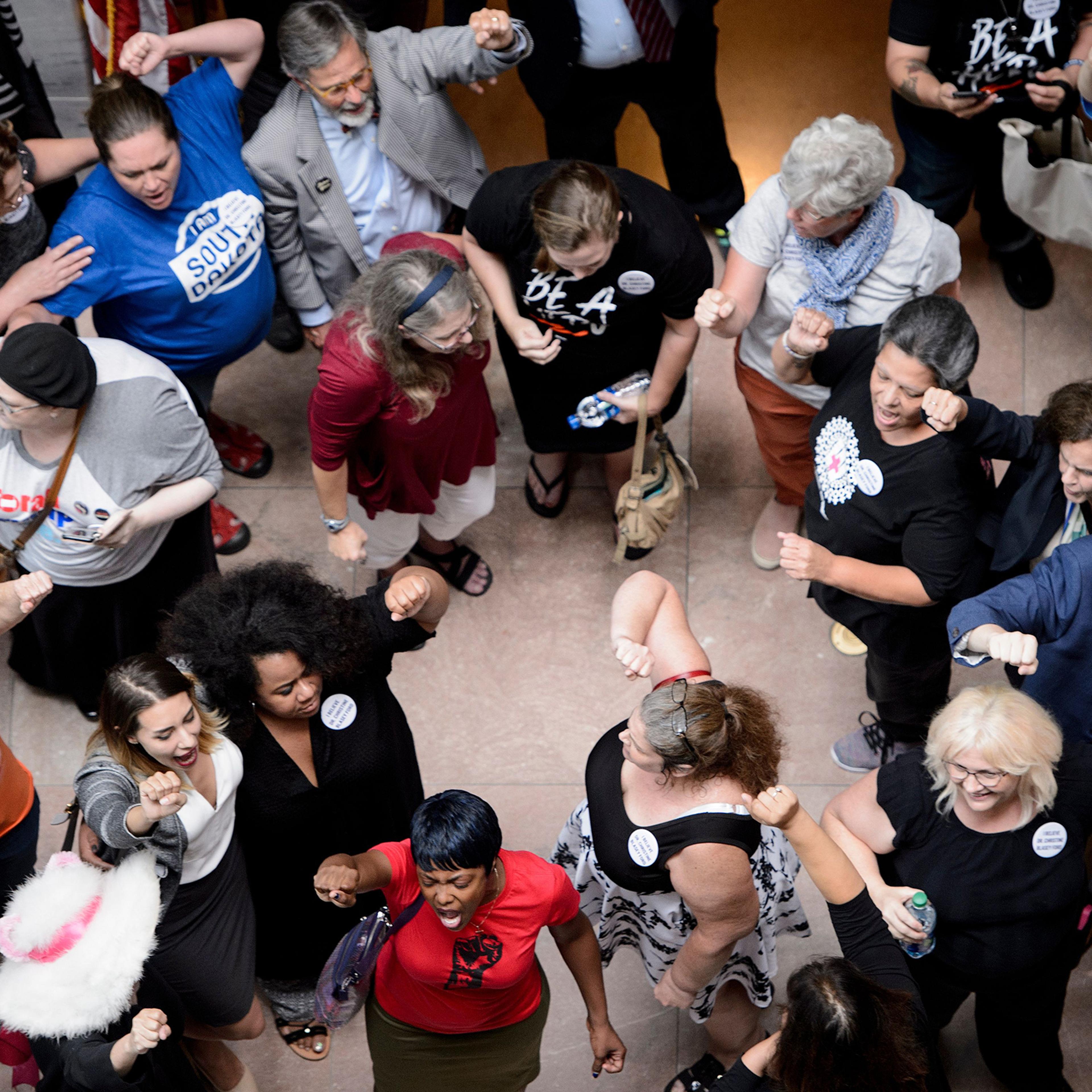 Activists rally outside the office of Senate Judiciary Committee Chairman, Senator Chuck Grassley (R-IA), during protests against Judge Brett Kavanaugh on Capitol Hill Sept. 20, 2018 in Washington, D.C.