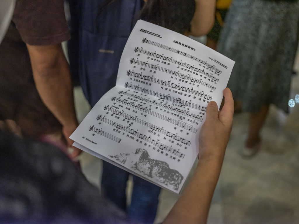 Demonstrators Sing "Glory To Be Thee, Hong Kong" Protest Theme Song At IFC Mall