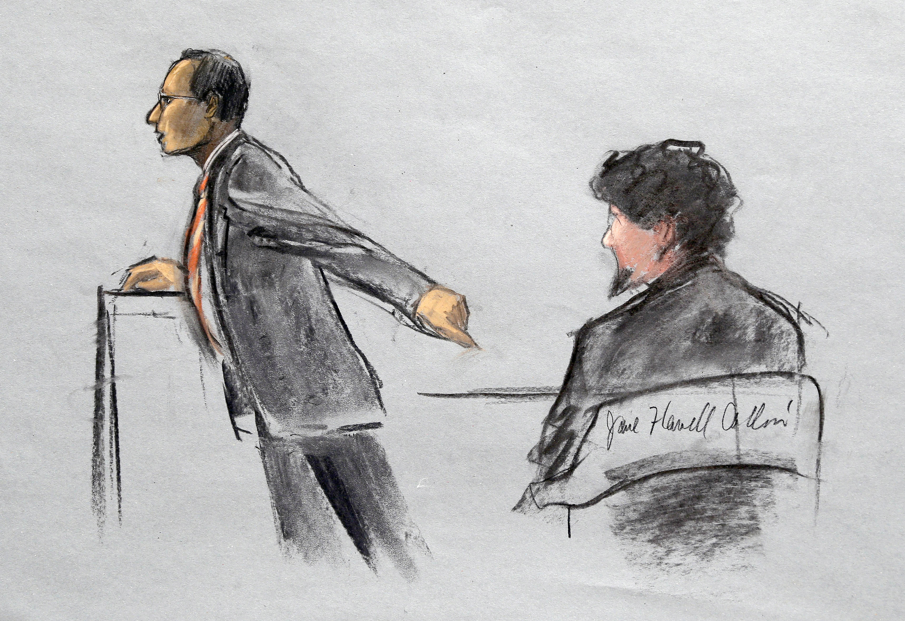 In this courtroom sketch, Assistant U.S. Attorney Aloke Chakravarty is depicted pointing to defendant Dzhokhar Tsarnaev (R) during closing arguments in Tsarnaev's federal death penalty trial in Boston on April 6, 2015.