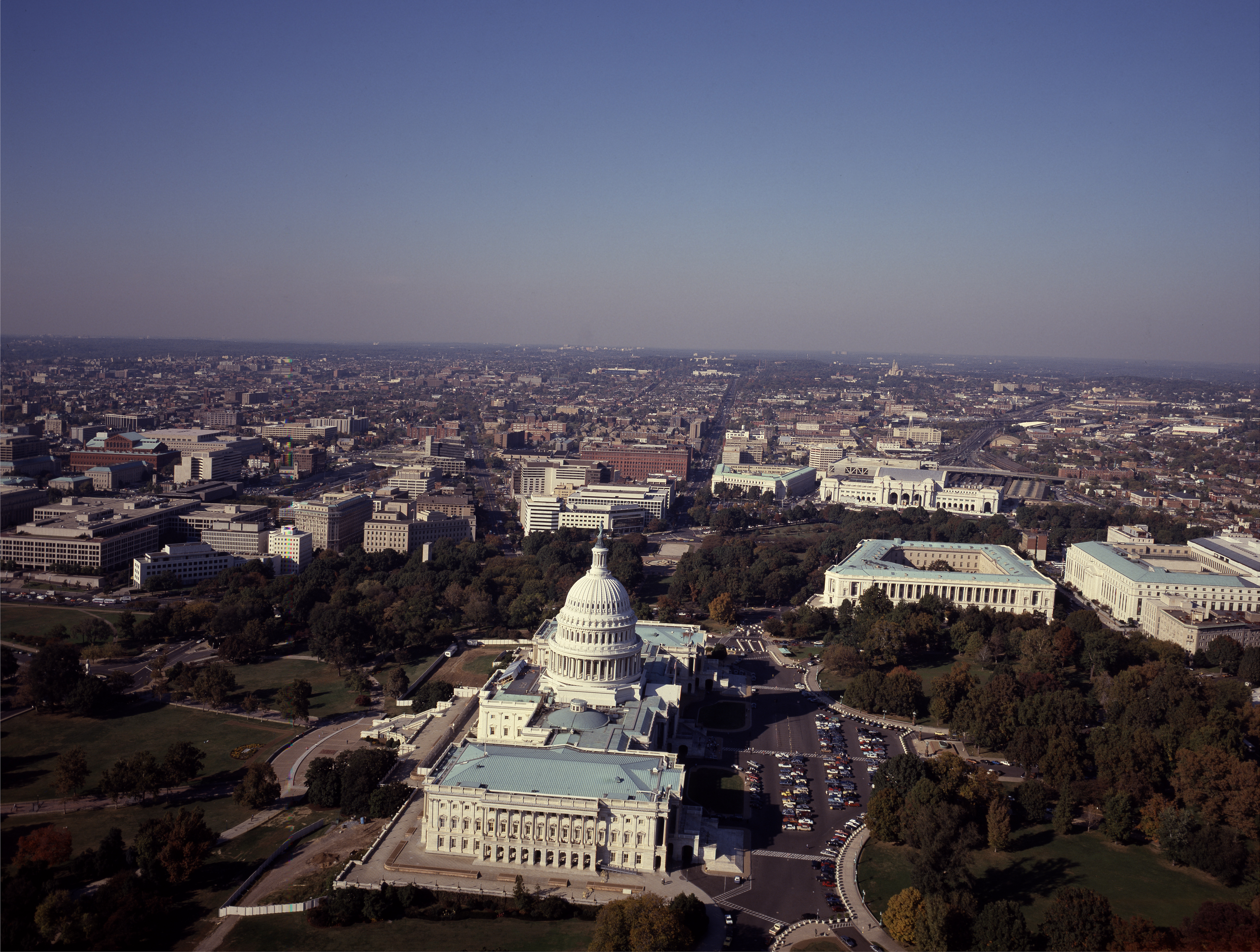 Aerial view from above the U.S. Capitol, looking south, Washington, D.C.