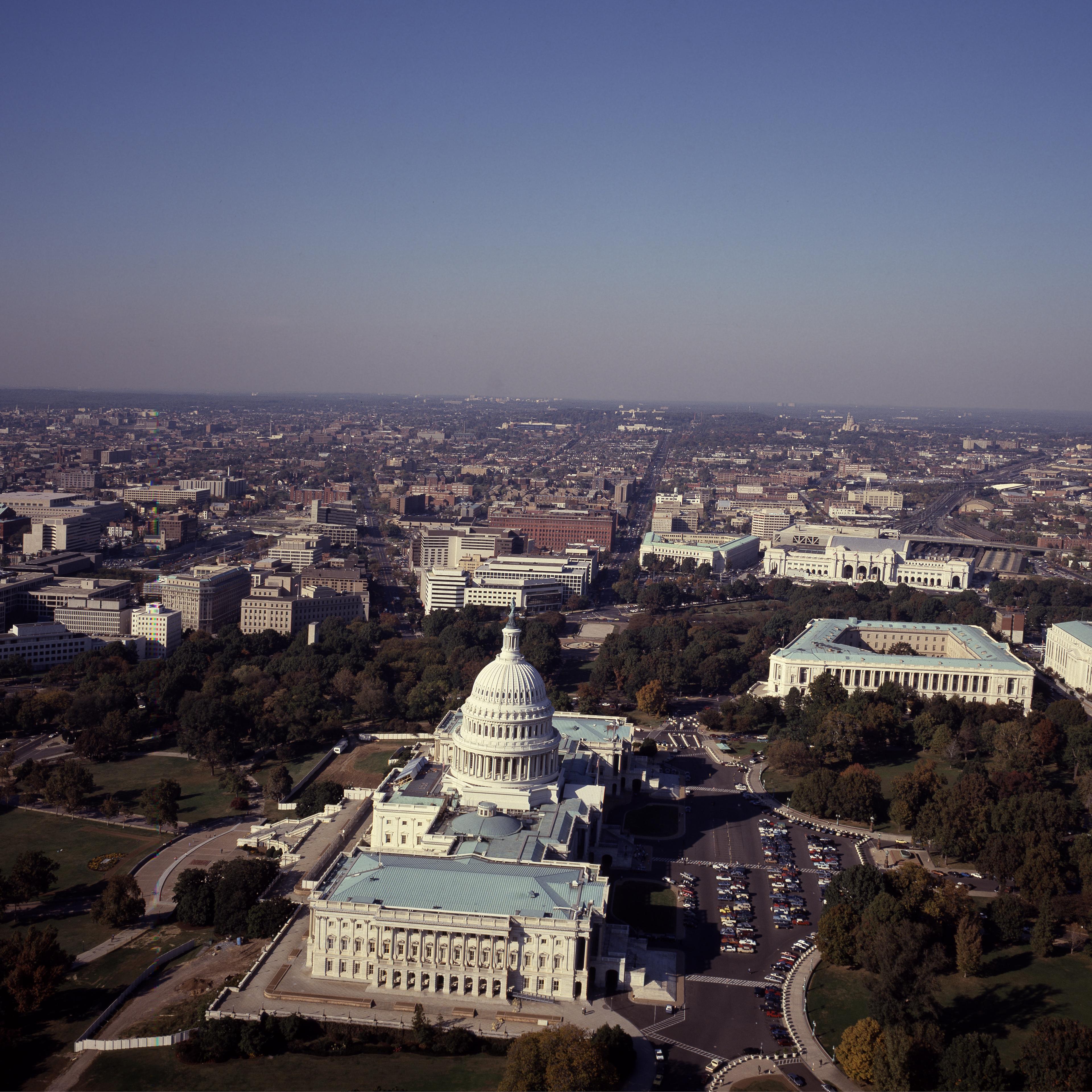 Aerial view from above the U.S. Capitol, looking south, Washington, D.C.