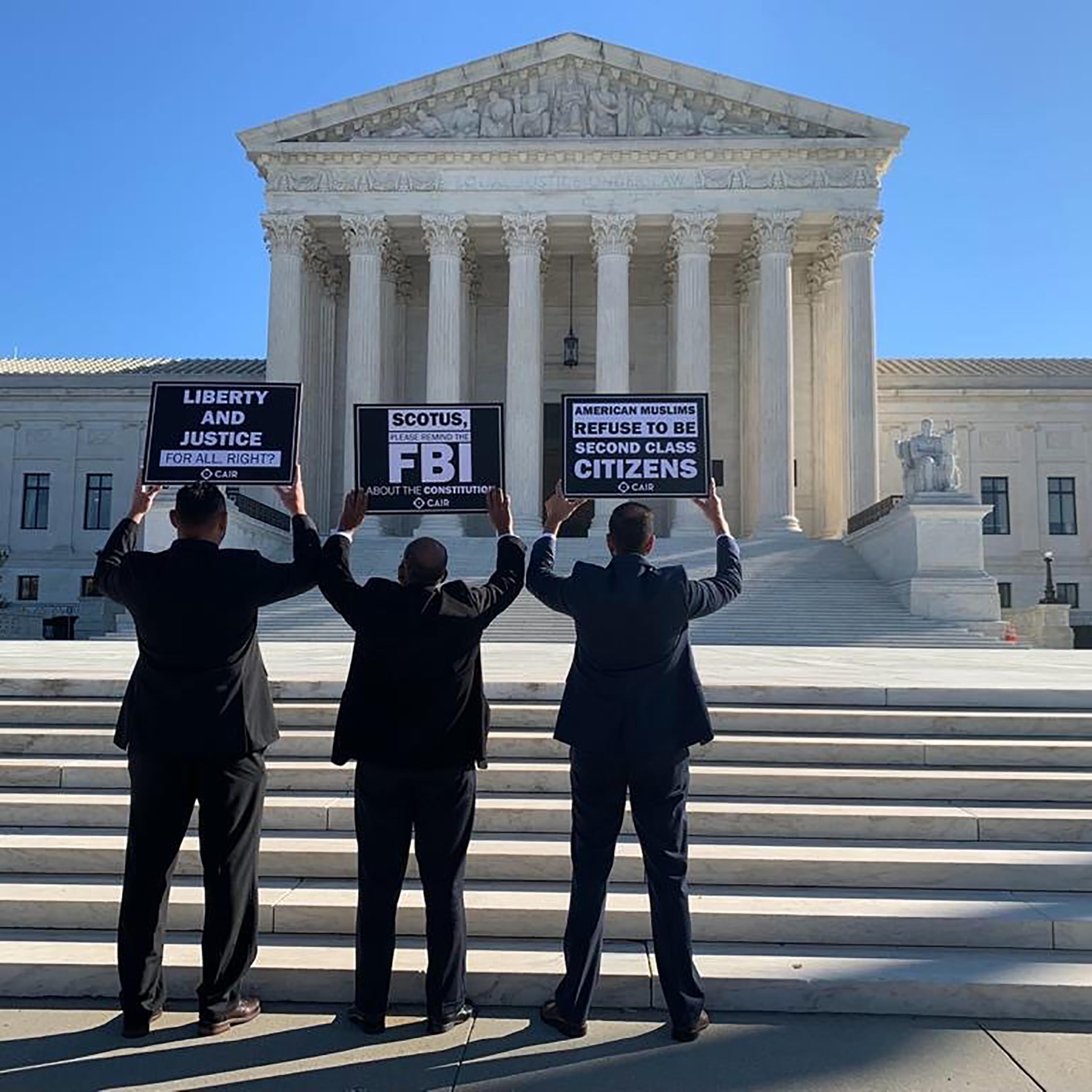 The plaintiffs in FBI v Fazaga stand in front of the Supreme Court in Washington, D.C., on Nov. 8, 2021.