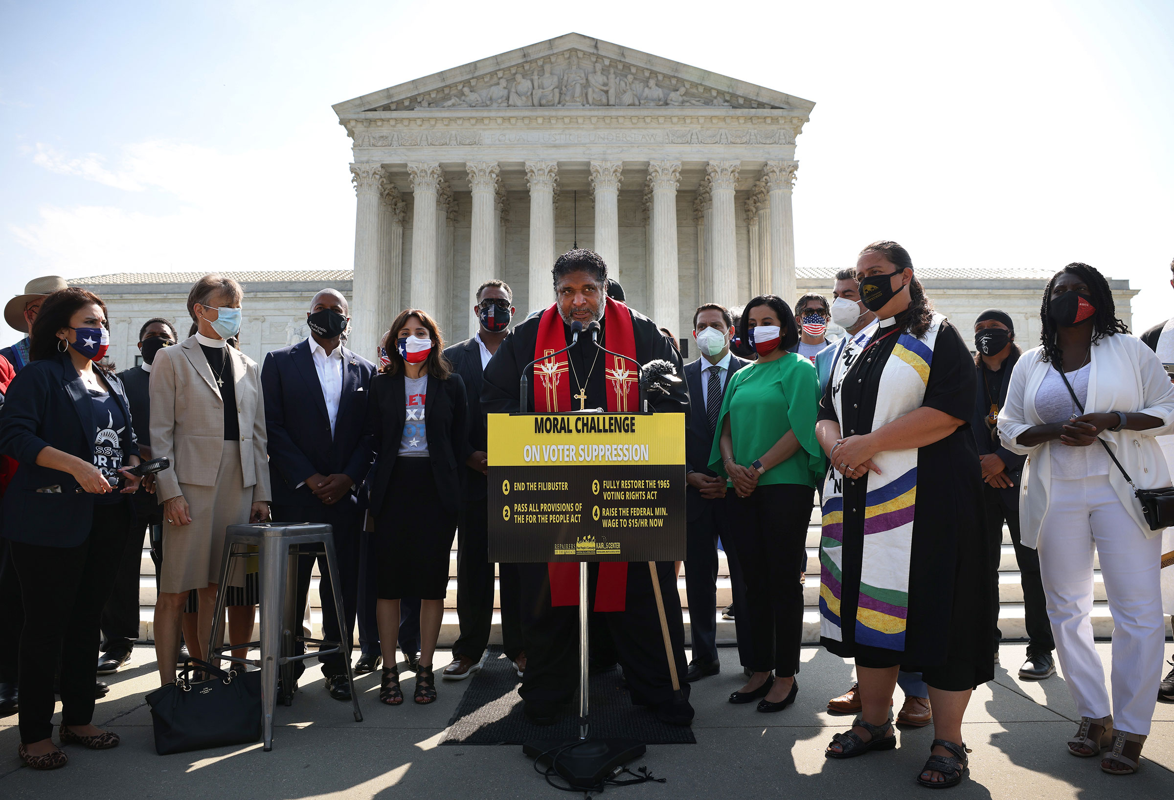 Rev. William Barber, Co-Chair of the Poor People’s Campaign, speaks alongside Texas State Representatives and fellow religious leaders, as they prepare to deliver a petition to Senate Majority Leader Charles Schumer calling for an end to the filibuster, 