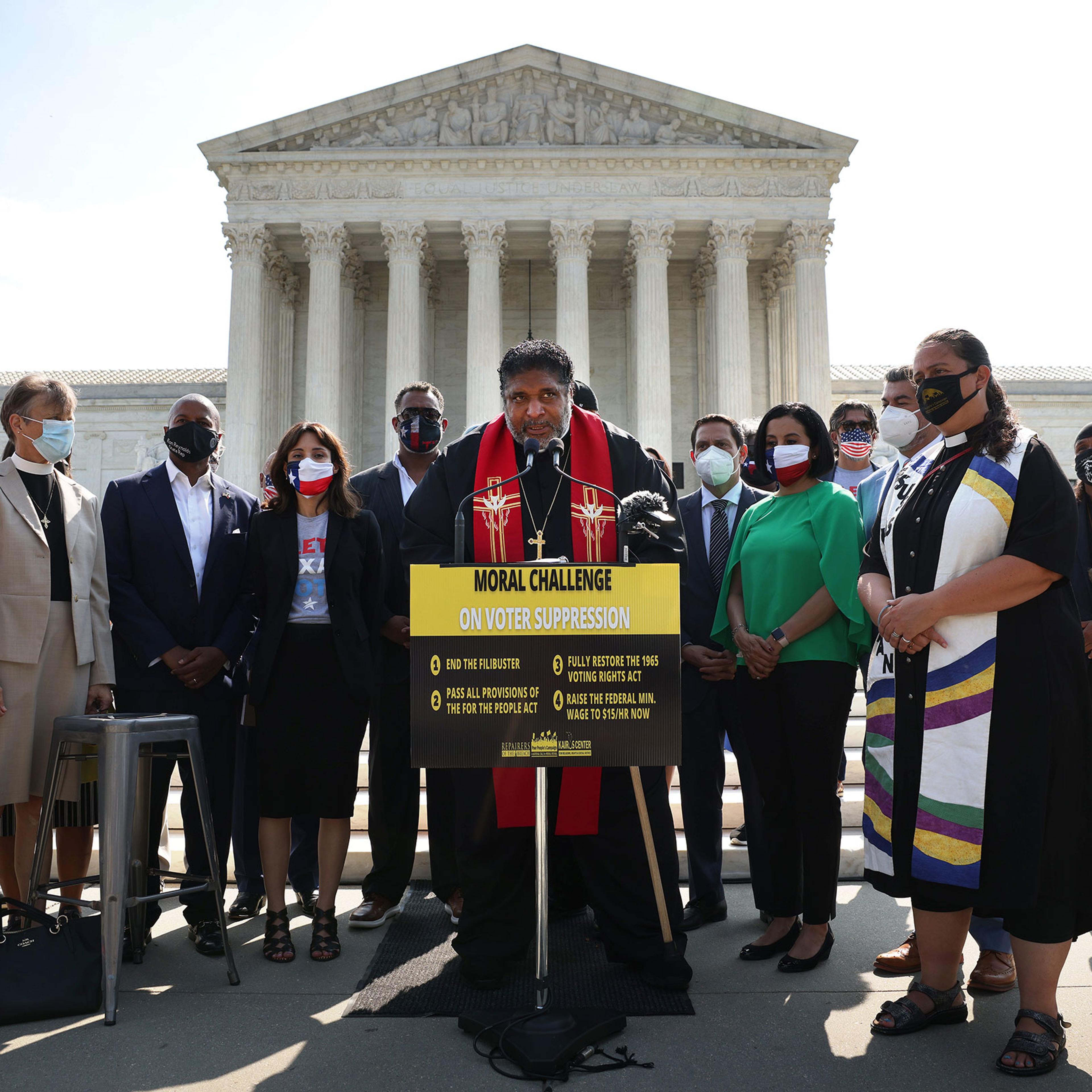 Rev. William Barber, Co-Chair of the Poor People’s Campaign, speaks alongside Texas State Representatives and fellow religious leaders, as they prepare to deliver a petition to Senate Majority Leader Charles Schumer calling for an end to the filibuster,