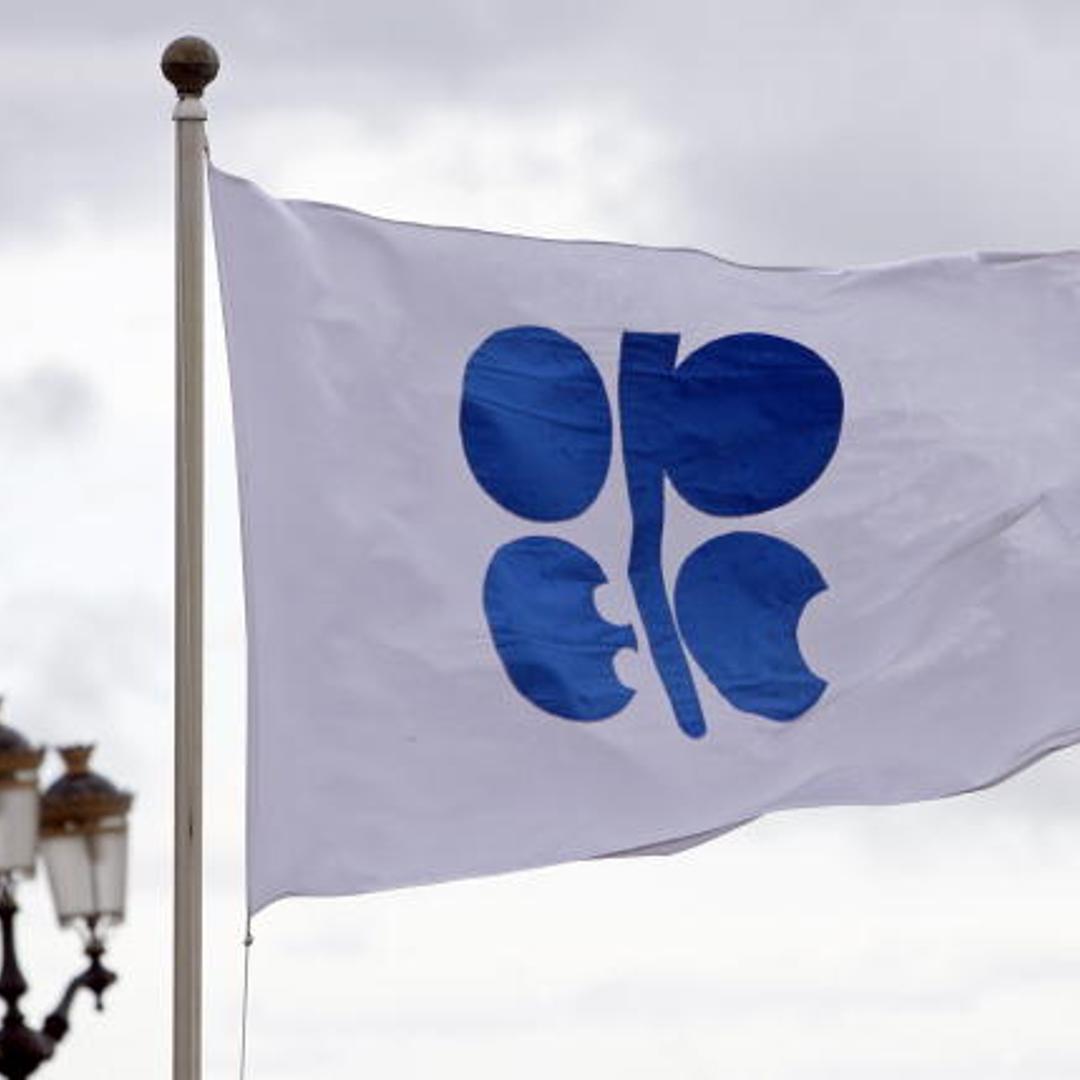 An OPEC flag blows in the wind in Oran, Algeria.