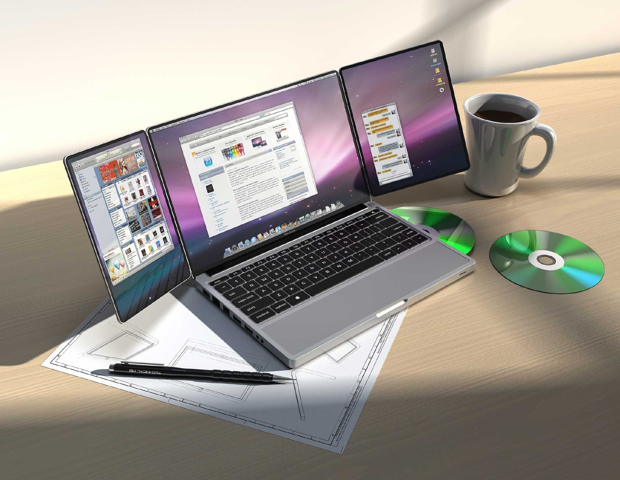 <b>2008: Apple Tribook</b> Two screens would fold out of the main monitor to create a 21 inch display.