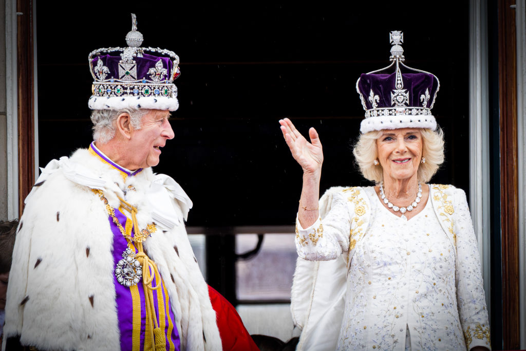 King Charles III and Queen Camilla at the balcony of Buckingham Palace during the Coronation of King Charles III and Queen Camilla on May 6, 2023 in London.